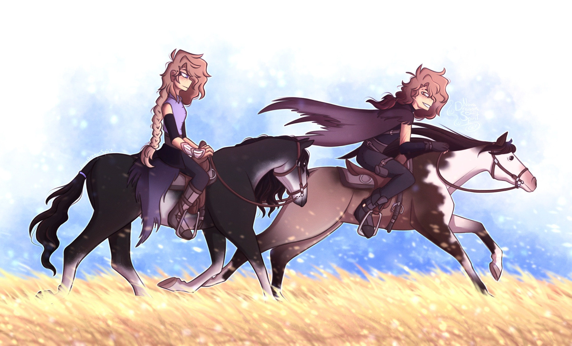 Wyvern and Willow riding their horses through an open field, Wyvern riding ahead as of to challenge Willow