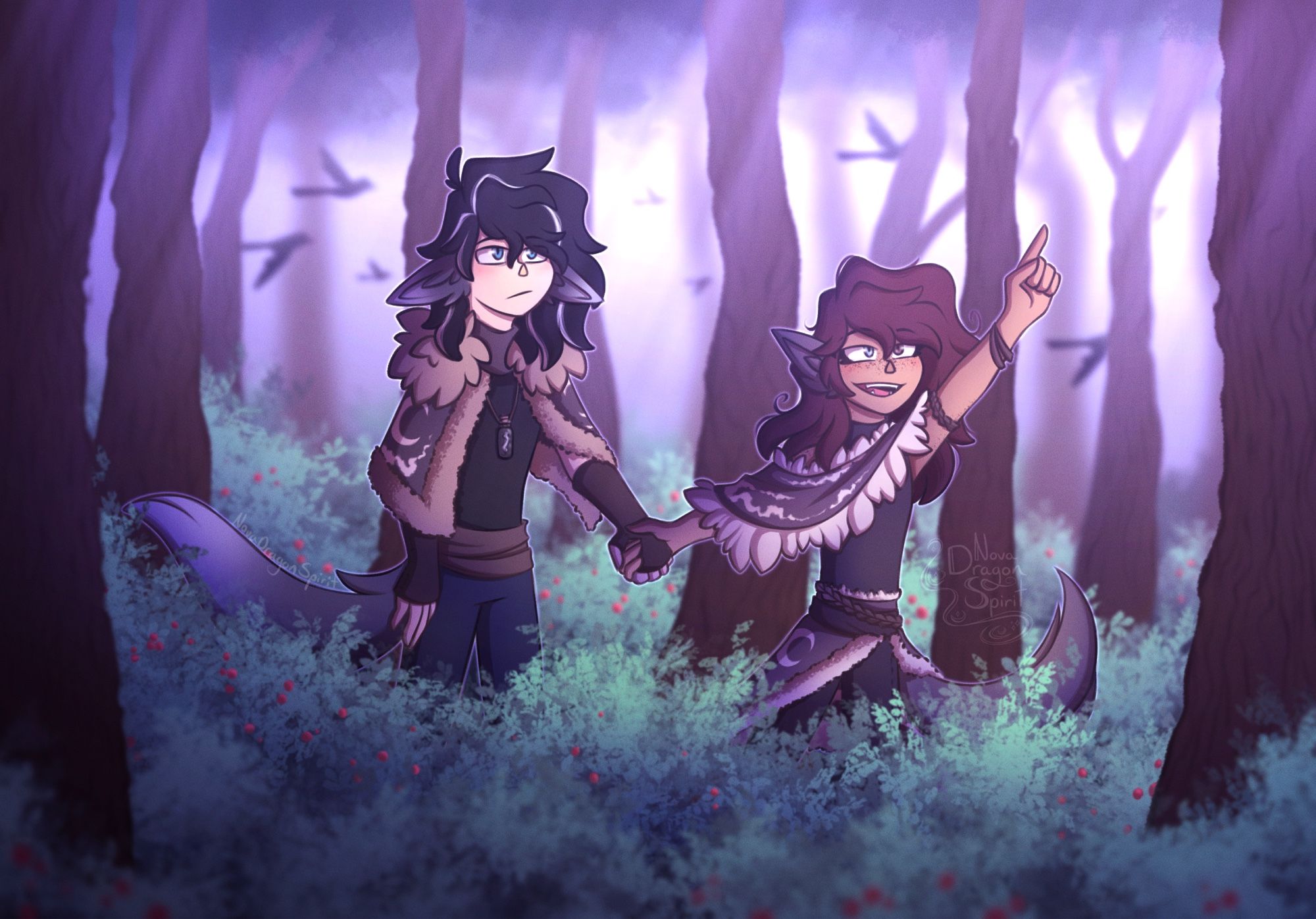 A younger Kalon and Tala walking through the woods, Tala pulling along a kiss enthusiastic Kalon as she points to something in the treetops.