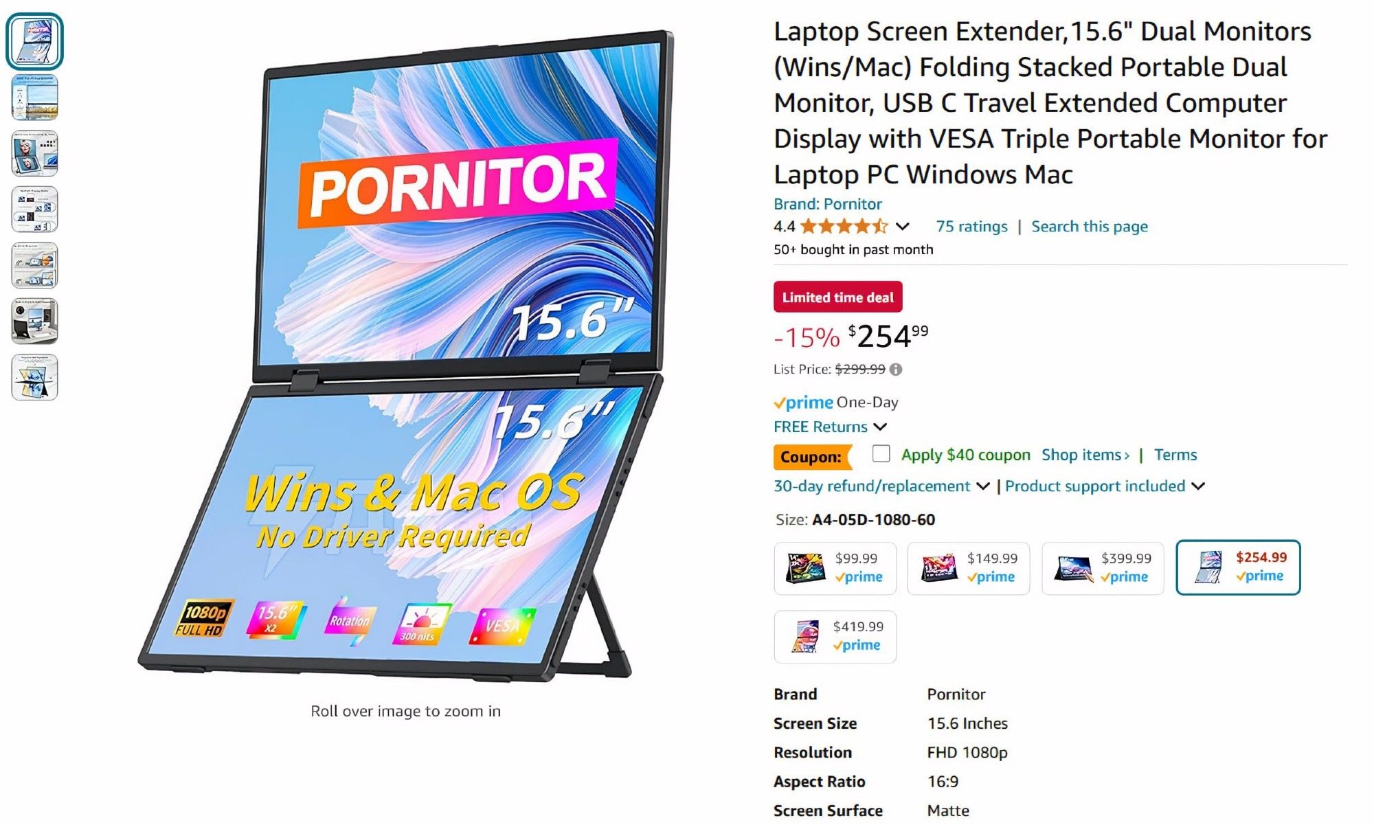 an amazon ad for a hinged vertically oriented dual monitor set up. the brand name is PORNITOR, white text on a pink background dominating the upper screen