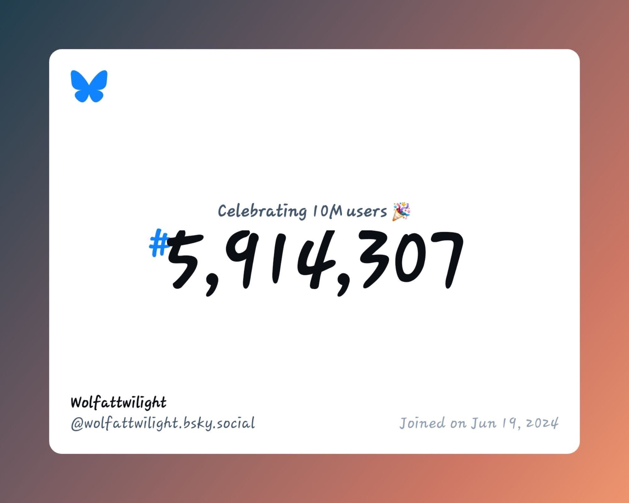 A virtual certificate with text "Celebrating 10M users on Bluesky, #5,914,307, Wolfattwilight ‪@wolfattwilight.bsky.social‬, joined on Jun 19, 2024"