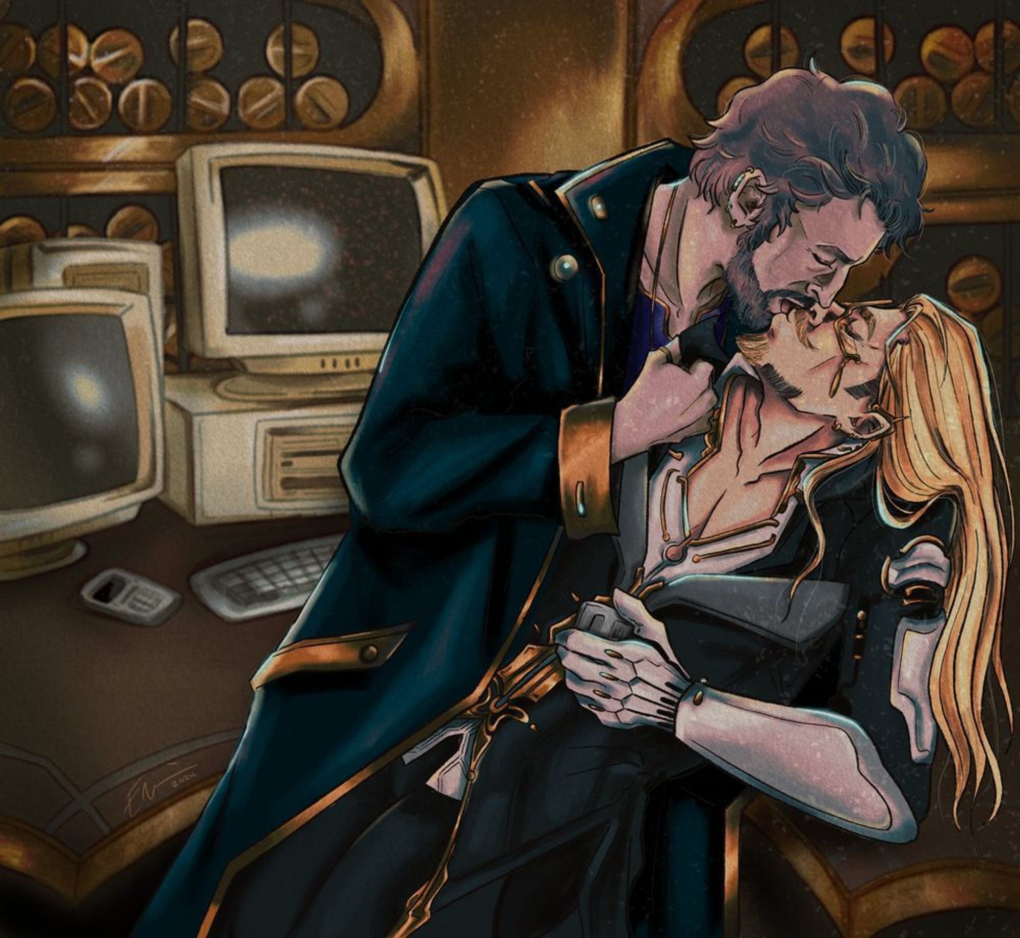 a painting of albrecht and (human) Loid from warframe, featuring Albrecht holding open the collar of Loid's shirt while the two kiss over the desk in the Sanctum. arttag