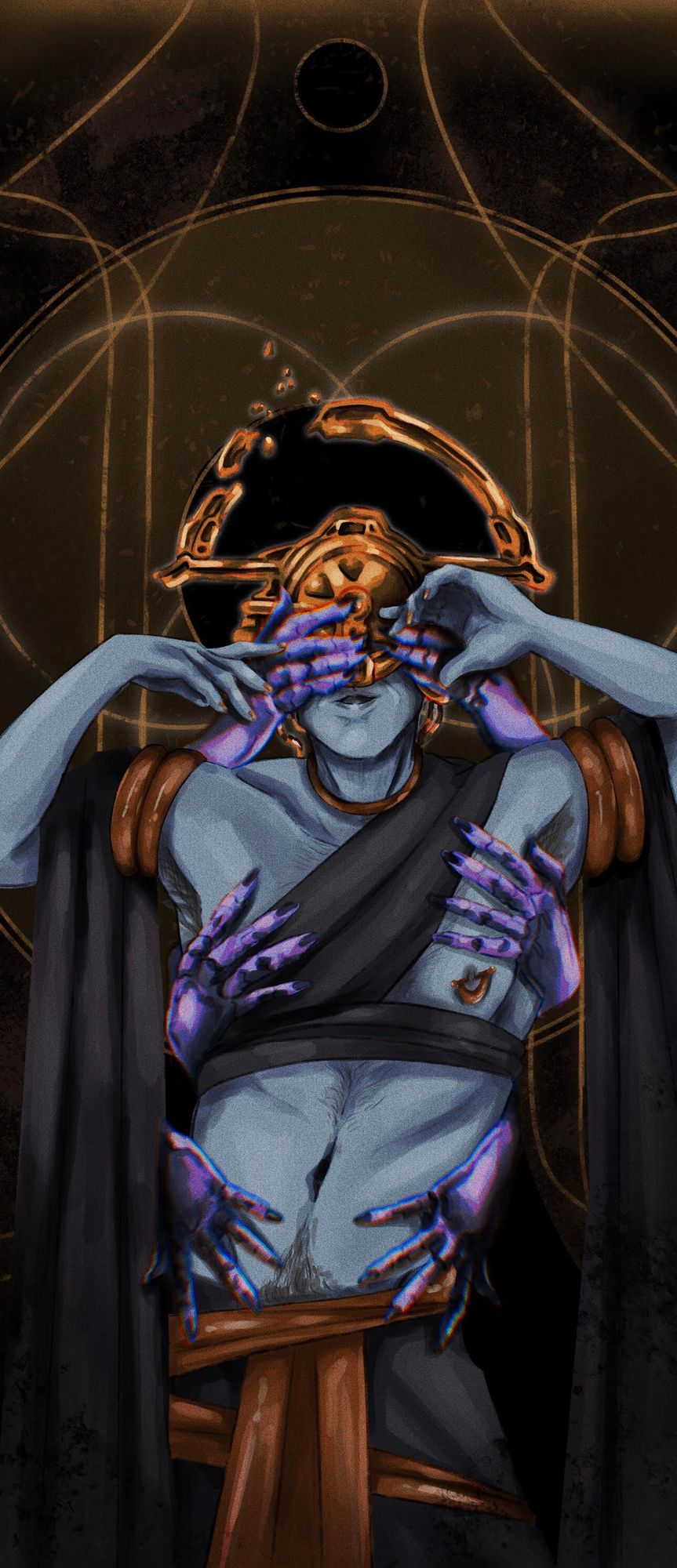 a vertical painting featuring Albrecht Entrati from Warfrrame pre-Void dive. Murmur hands are caressing his figure while he has a slight, manic smile. arttag