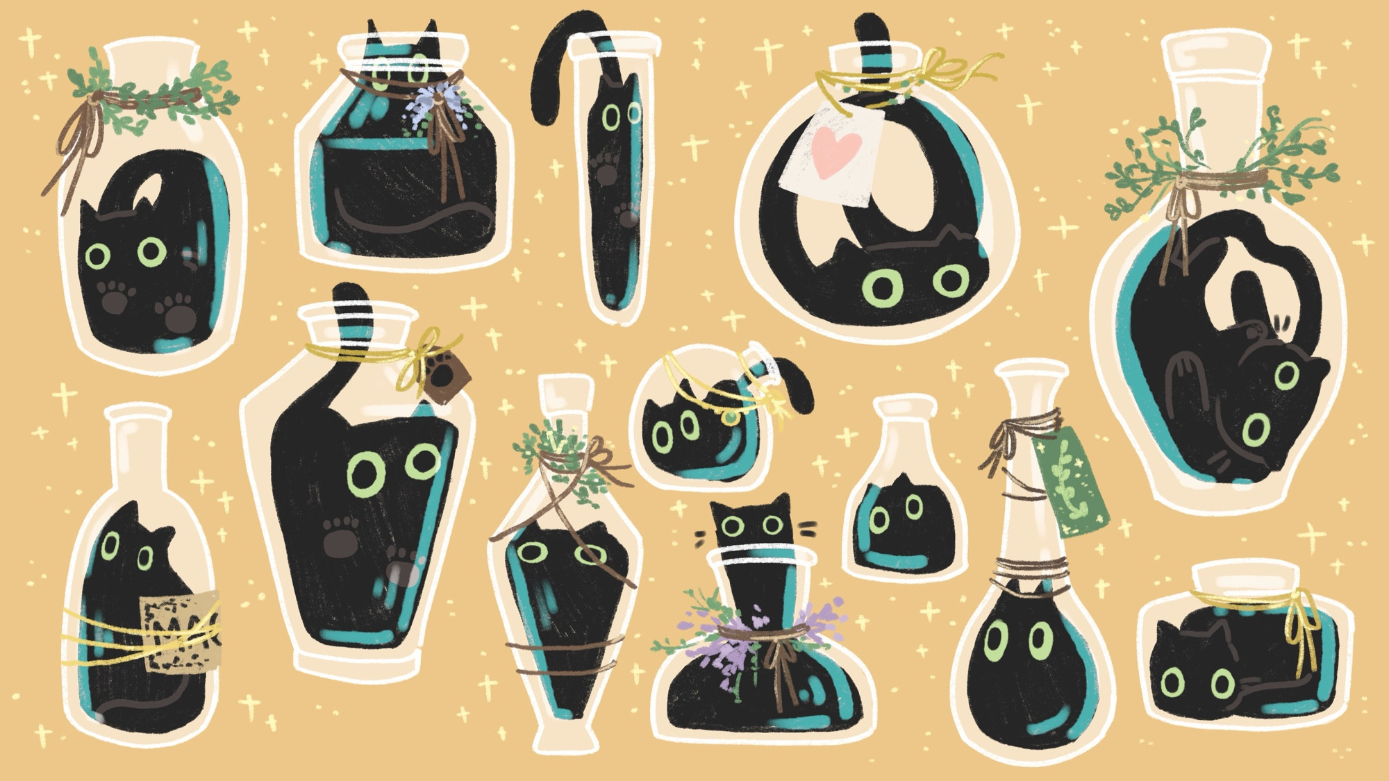 digital drawing collage of 13 different bottles/jars with various black cats in them, a play on the saying “cats are liquid” the jars are clear and decorated with small bits of foliage like leaves and flowers. A few of the bottles have tags on them with drawings like hearts and leaves. 