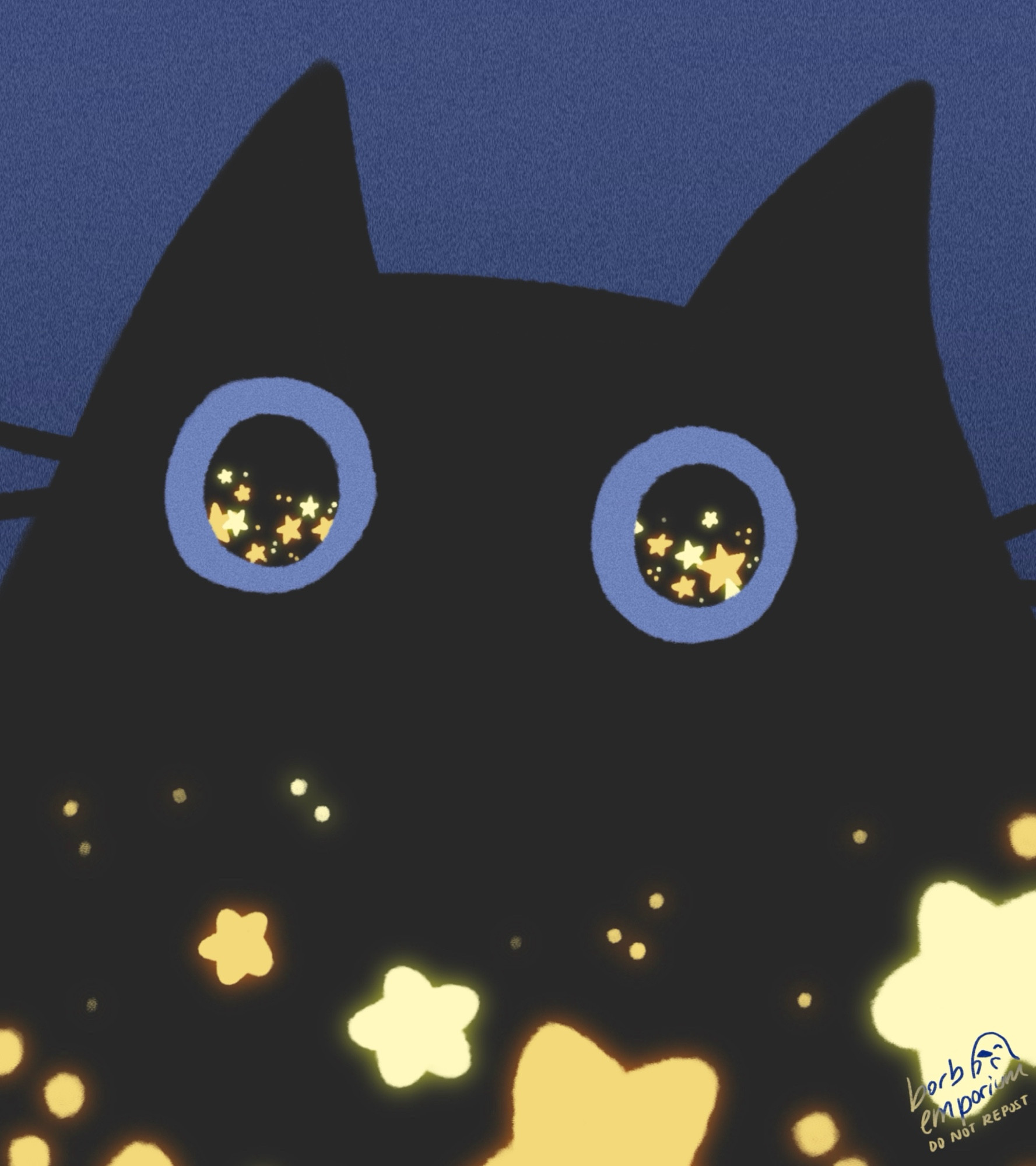 Same digital illustration as before but cropped closer to the cat’s eyes. The eyes are blue with yellows stars in the pupils. The cat is surrounded by yellow glowing stars mainly concentrated at the bottom of the drawing. 