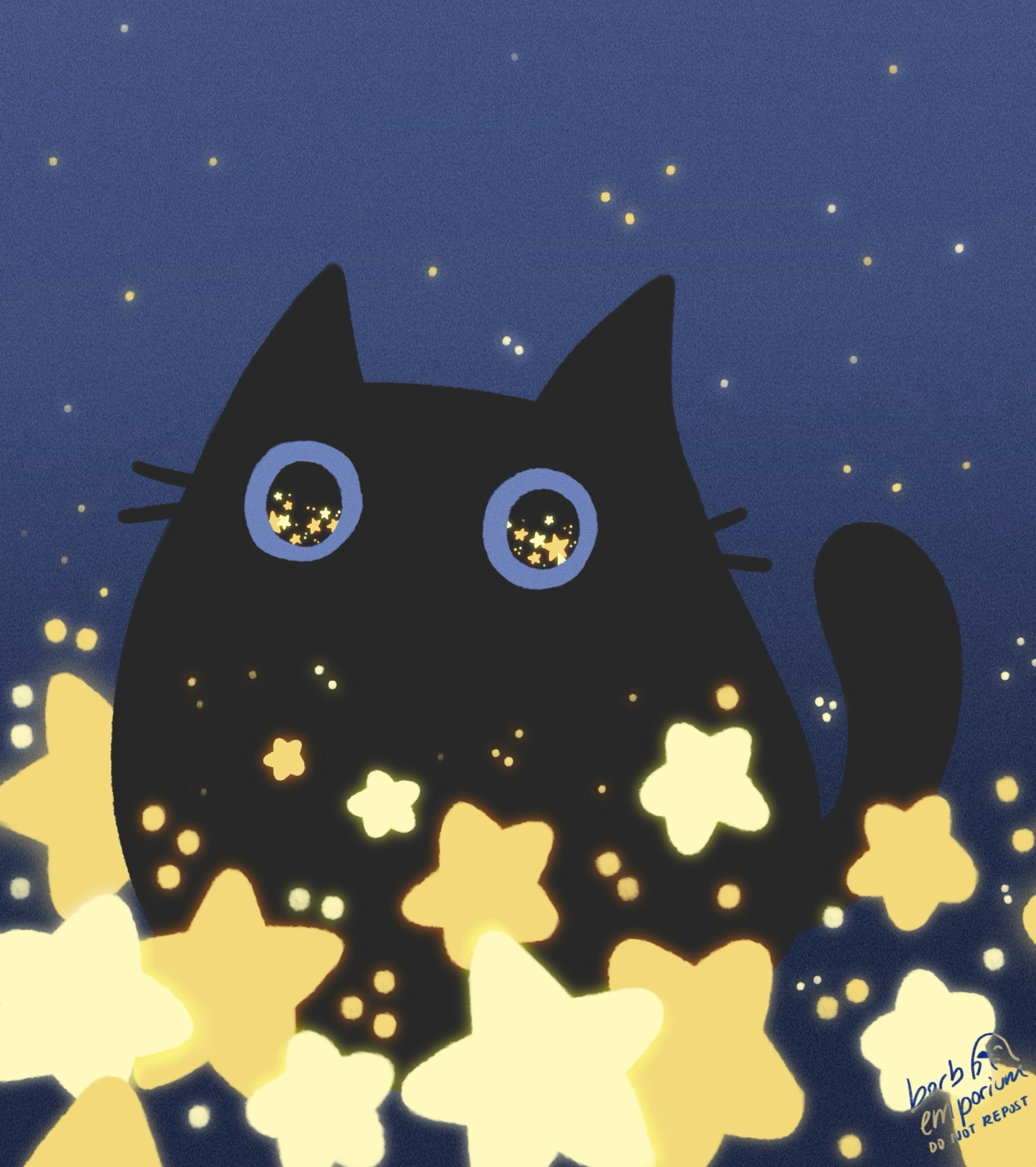 digital illustration of a lumpy black cat staring at the viewer. The eyes are blue with yellows stars in the pupils. The cat is surrounded by yellow glowing stars mainly concentrated at the bottom of the drawing. 