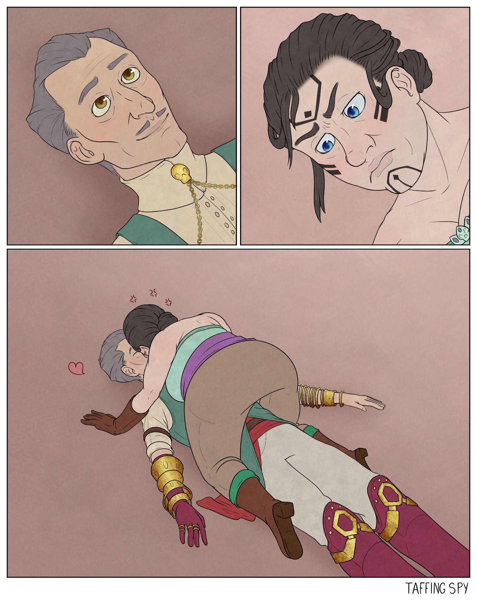 digital comic of Emmrich Volkarin and a dwarf rook woman from Dragon age Veilguard. Panel 1: Emmrich is on his back, looking up with a smile. Panel 2: Rook is looking down with a frown on her face. Panel 3: Rook is on Emmrich and giving him kisses, but it's very clear there is a significant height difference between them. She is annoyed by the height difference, while Emmrich is amused.