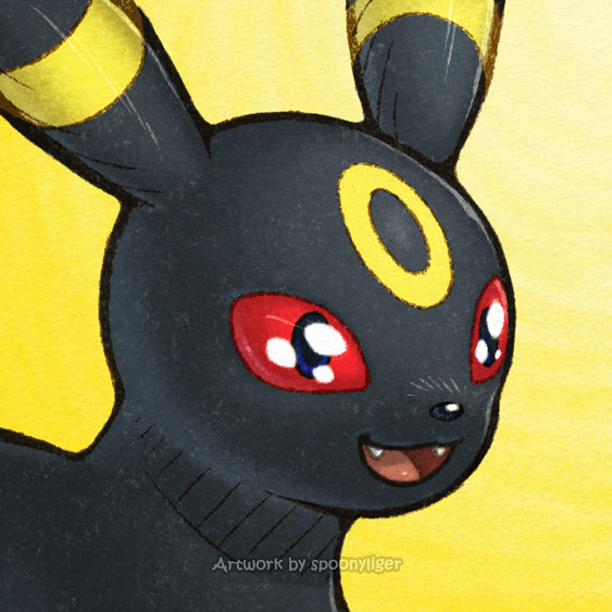 Digitally-handmade fanart portrait of an Umbreon Pokémon facing forward towards the right side of the image at a 3/4 angle with a pleasantly amazed facial expression, on a yellow gradient background.