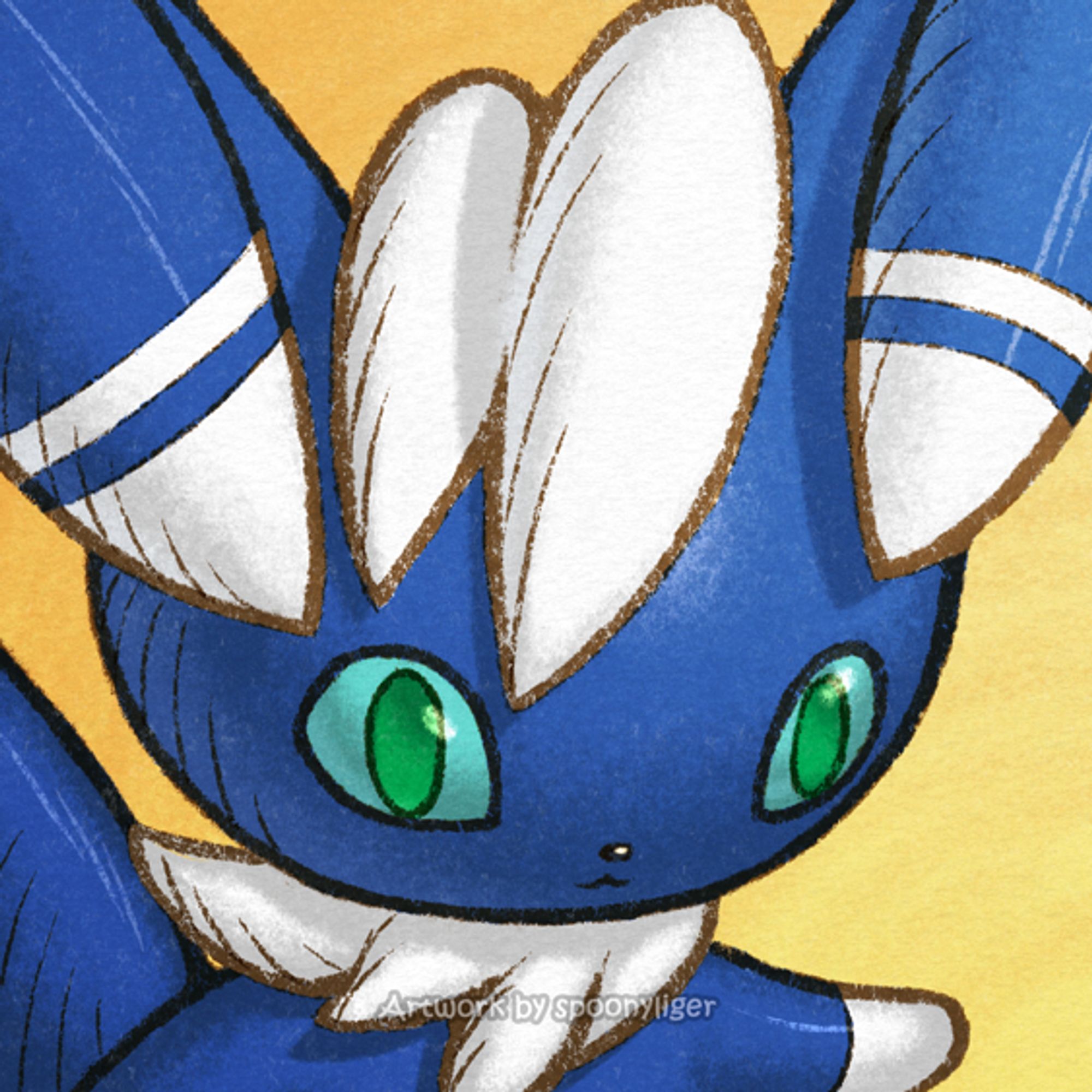 Digitally handmade profile artwork of a male Meowstic Pokémon facing forward towards the right side of the image at a 3/4 angle with a vacant, smiling facial expression, on a blue-to-yellow gradient background.