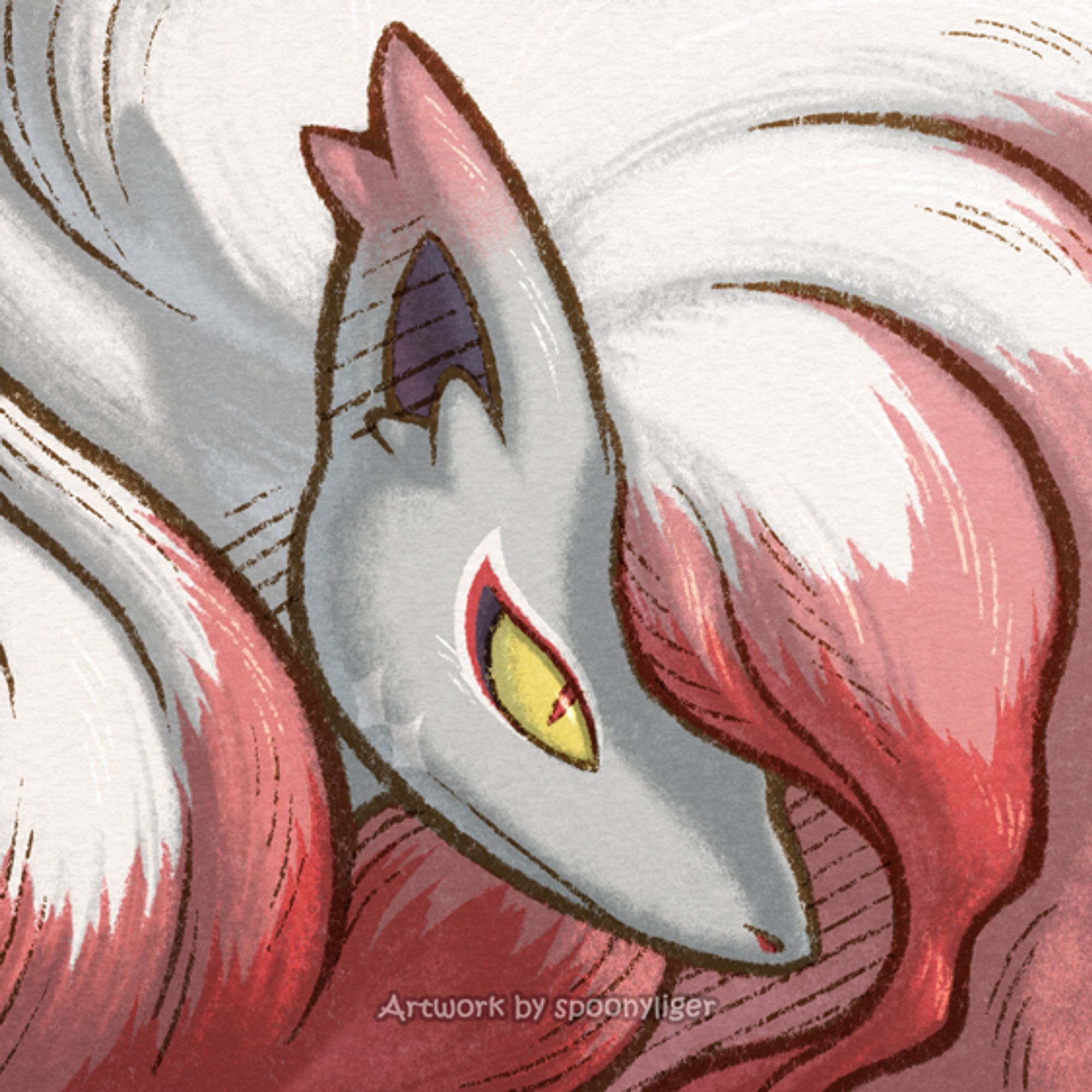 Digitally handmade mugshot artwork of a Hisuian Zoroark Pokémon facing forward towards the right side of the image at a 3/4 angle with a stoic facial expression.