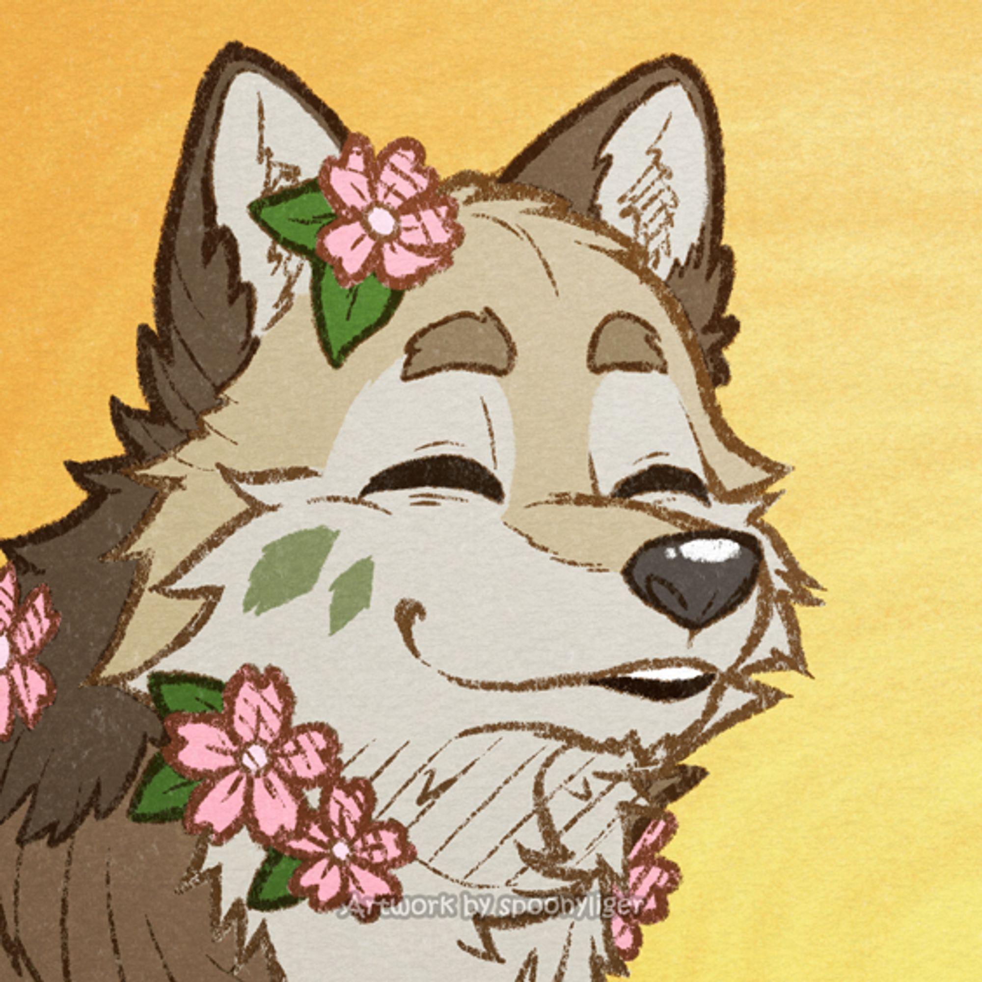 Digitally handmade profile artwork of a canine original character with pink flowers growing out of its fur. The character is facing forward towards the right side of the image at a 3/4 angle with a content facial expression, on an orange gradient background.