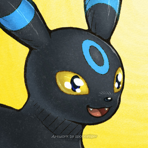 Digitally-handmade fanart portrait of a shiny Umbreon Pokémon facing forward towards the right side of the image at a 3/4 angle with a pleasantly amazed facial expression, on a yellow gradient background.