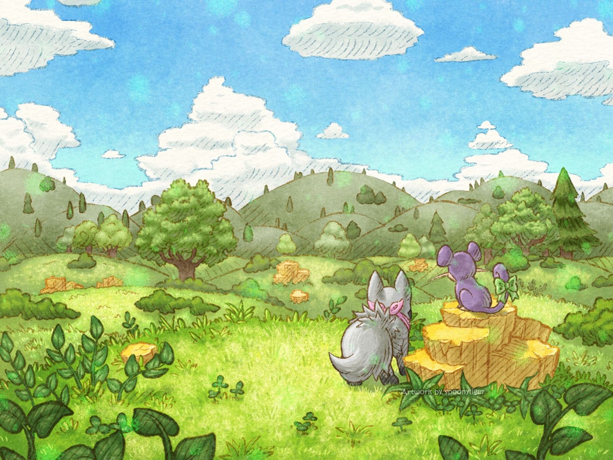 Digitally-handmade artwork featuring a Poochyena and a Rattata Pokémon standing together in the foreground of an open field on a sunny day looking over the horizon.