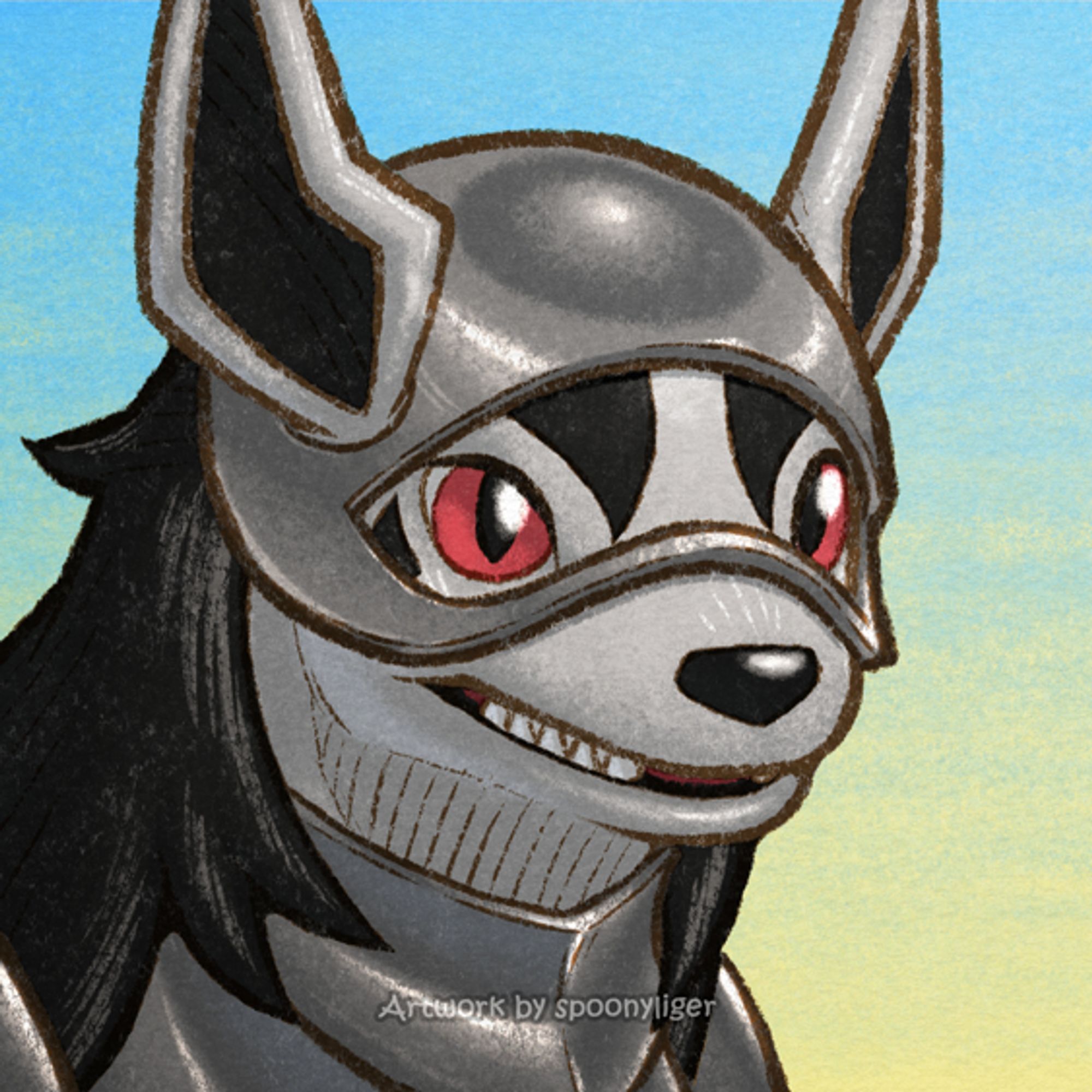 Digitally handmade mugshot artwork of an original character based on the Pokémon, Mightyena, facing forward towards the right side of the image at a 3/4 angle with a smiling facial expression on a blue-to-yellow gradient background.