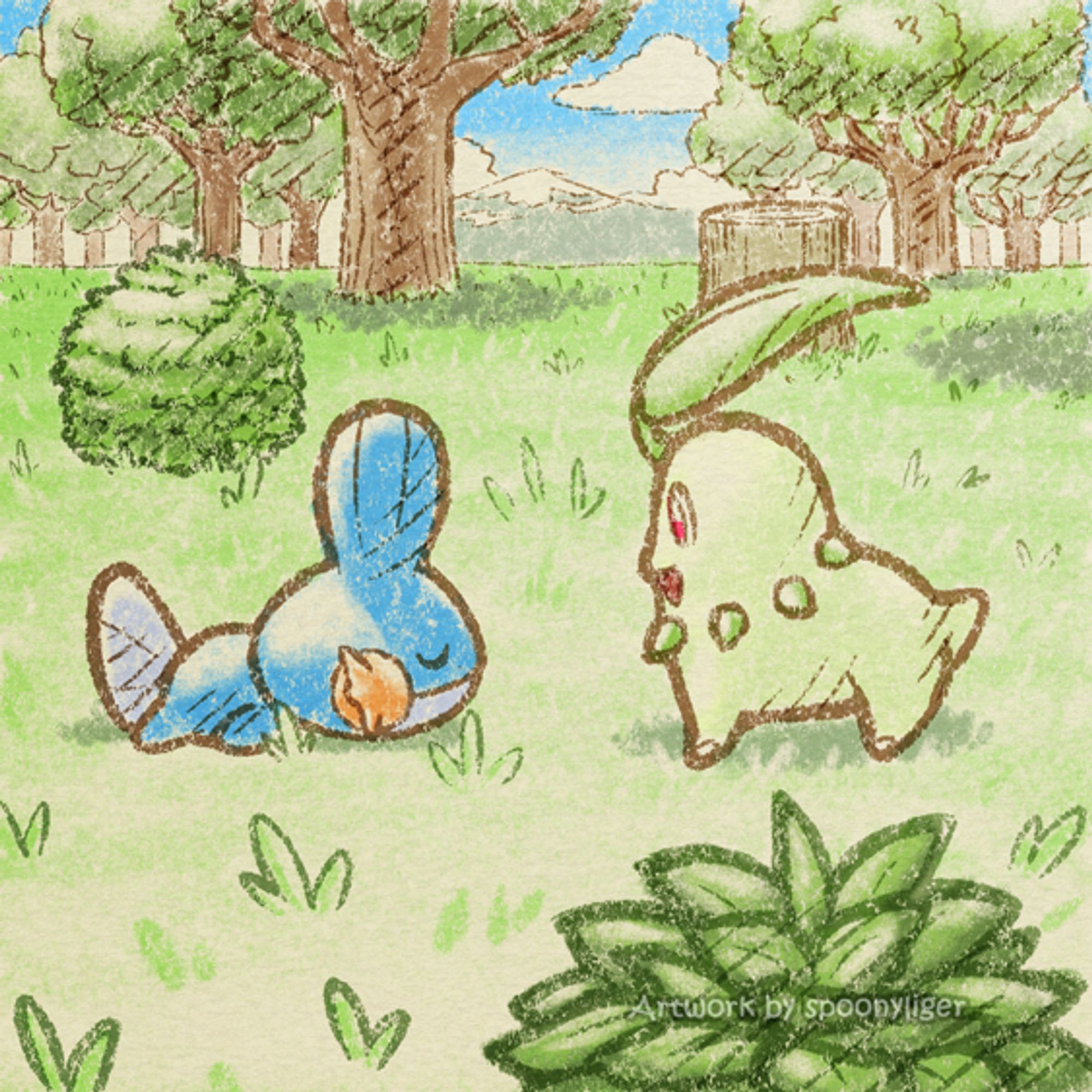 Digitally-handmade illustration of a Chikorita Pokémon coming upon a sleeping human who's about to realize they've turned into a Mudkip.