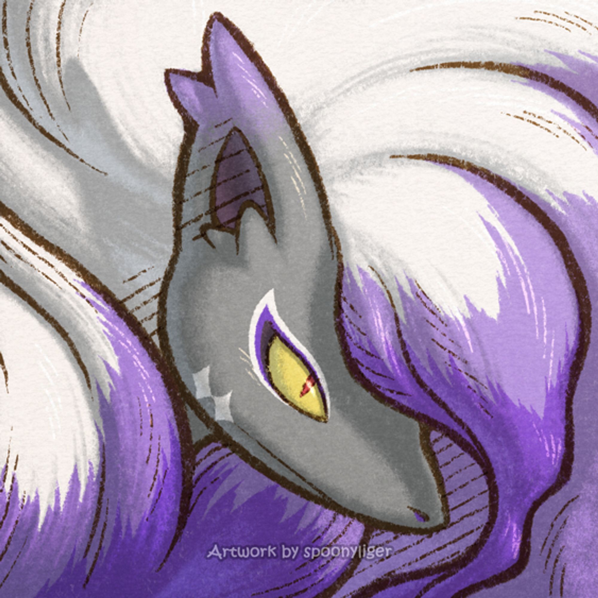 Digitally handmade mugshot artwork of a shiny Hisuian Zoroark Pokémon facing forward towards the right side of the image at a 3/4 angle with a stoic facial expression.