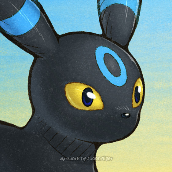 Digitally-handmade fanart portrait of a shiny Umbreon Pokémon facing forward towards the right side of the image at a 3/4 angle with a stoic facial expression, on a blue-to-yellow gradient background.