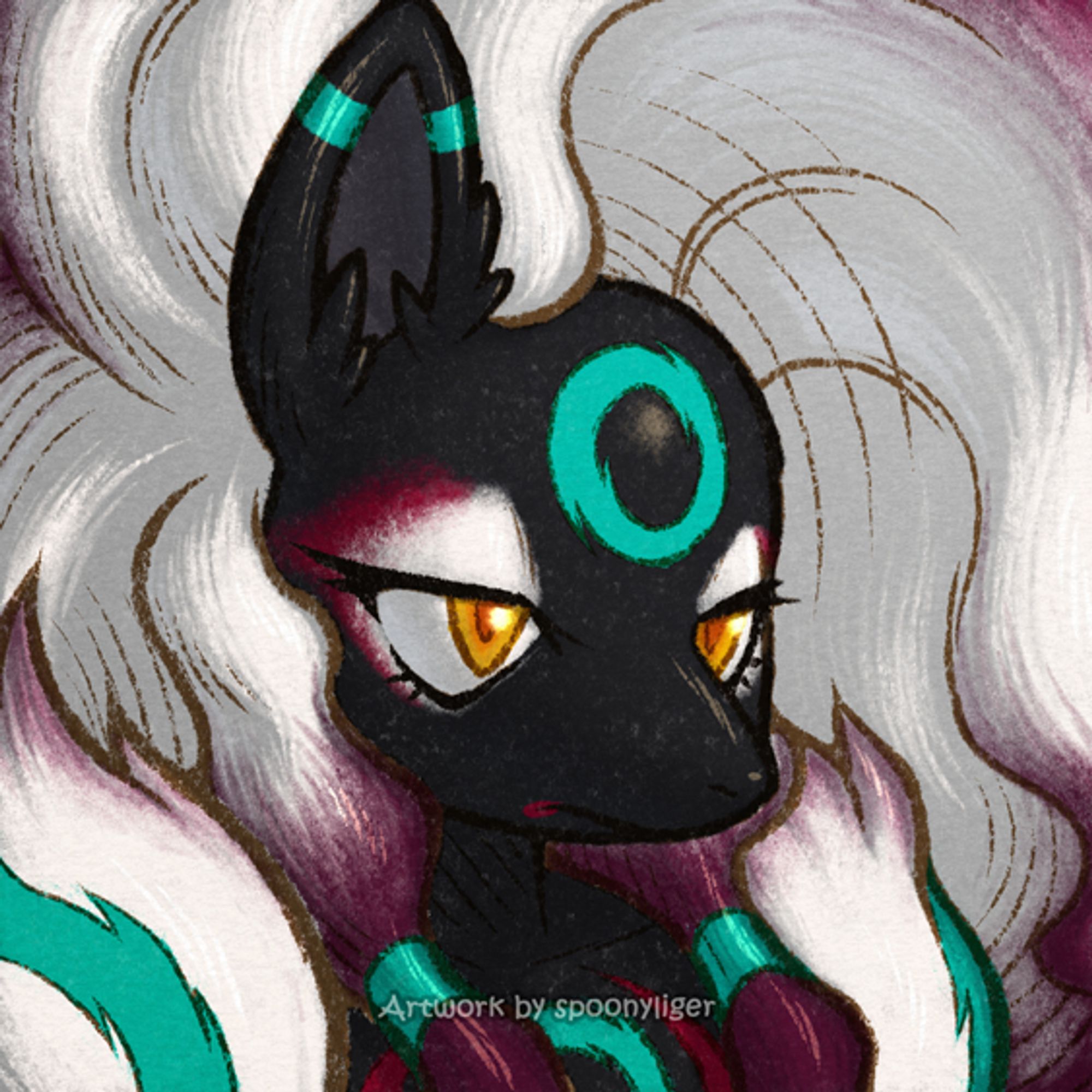 Digitally handmade mugshot artwork of an original character based on the Hisuian Zoroark and Umbreon Pokémon, facing forward towards the right side of the image at a 3/4 angle with a stoic facial expression.