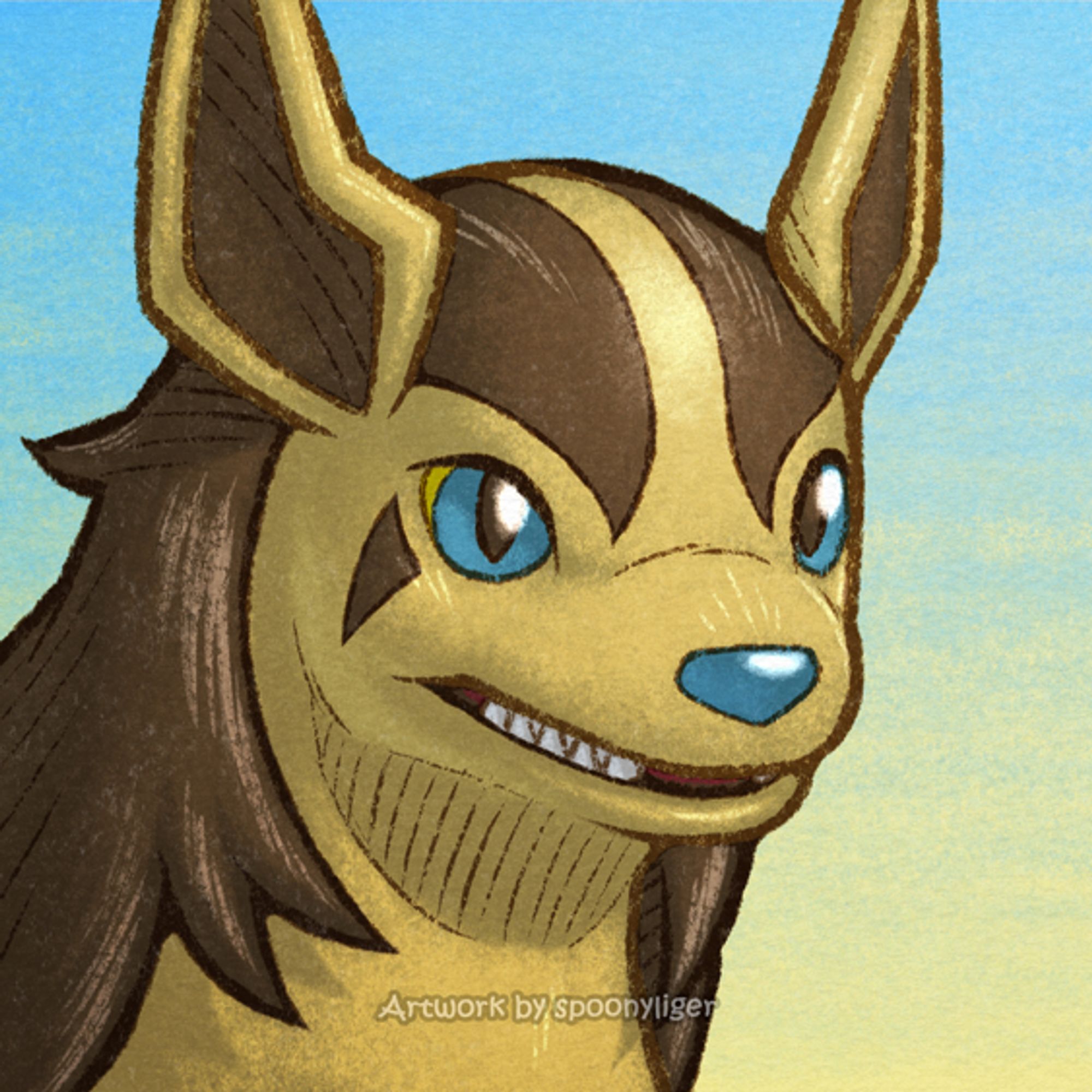 Digitally hand-drawn mugshot artwork of a shiny Mightyena Pokémon facing forward towards the right side of the image at a 3/4 angle with a smiling facial expression, on a blue-to-yellow gradient background.