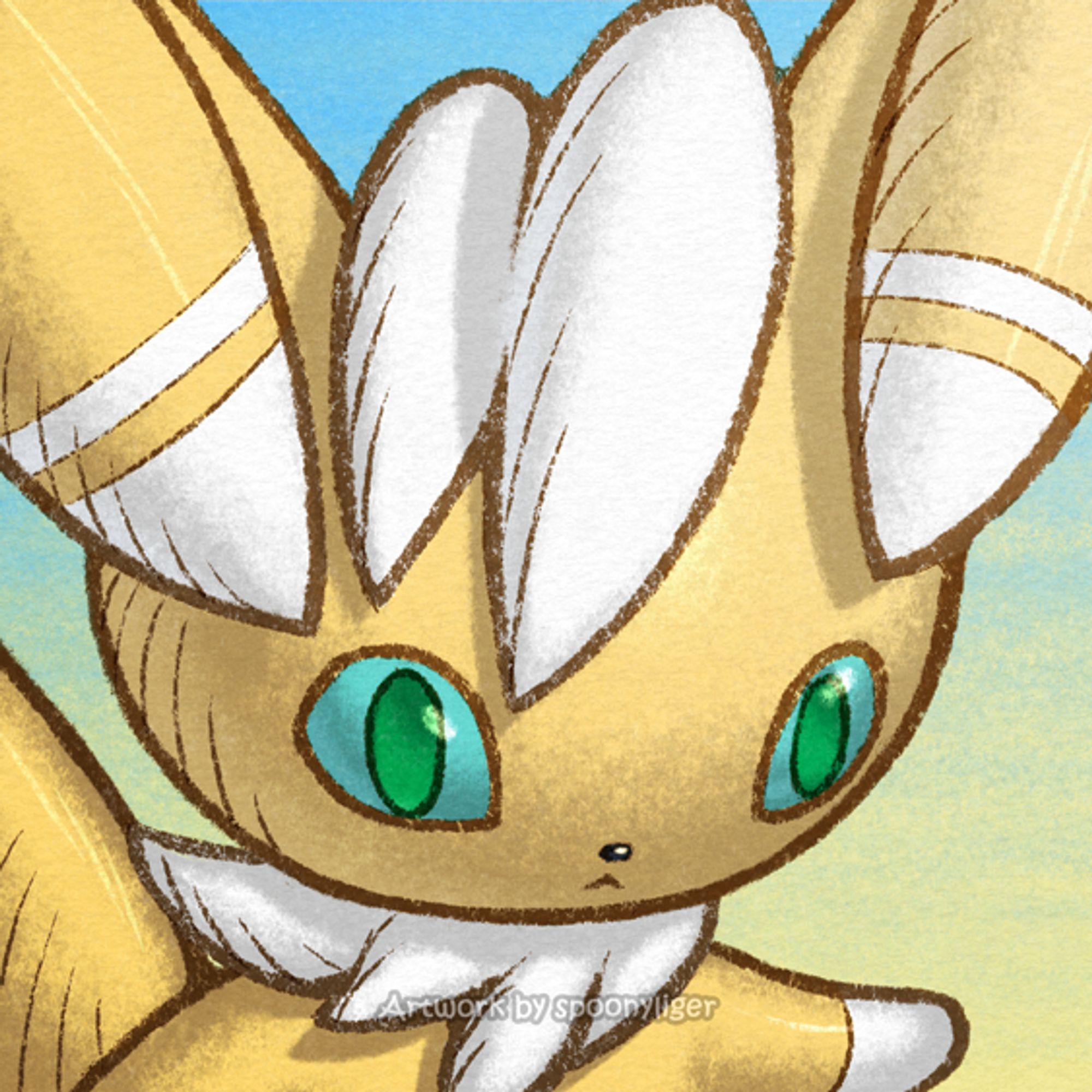 Digitally handmade profile artwork of a shiny male Meowstic Pokémon facing forward towards the right side of the image at a 3/4 angle with a vacant facial expression, on a blue-to-yellow gradient background.