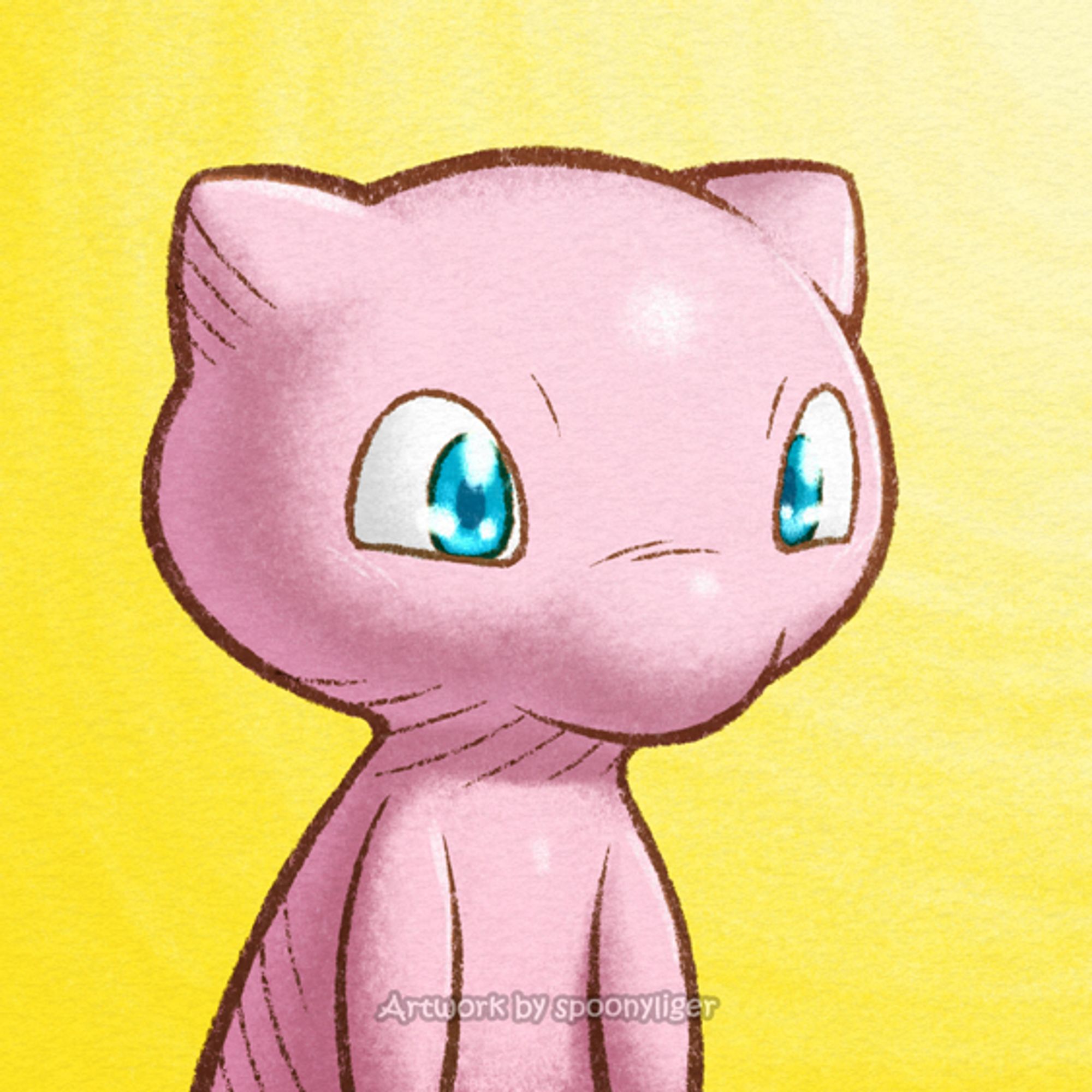 Digitally handmade mugshot artwork of a Mew Pokémon facing forward towards the right side of the image at a 3/4 angle with an amazed facial expression, on a yellow gradient background.