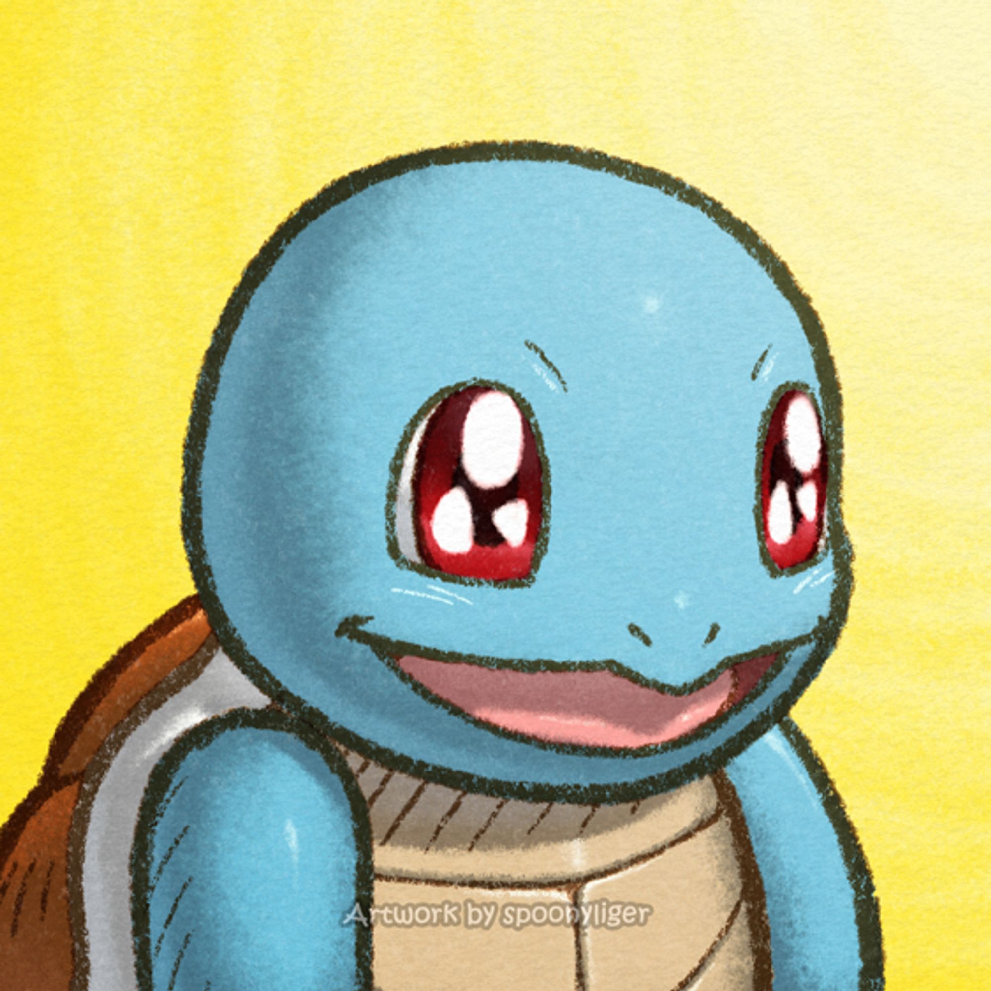 This is a digitally-handmade fanart profile picture of a Squirtle Pokémon facing forward towards the right side of the image at a 3/4 angle with a pleasantly surprised expression, on a yellow gradient background.