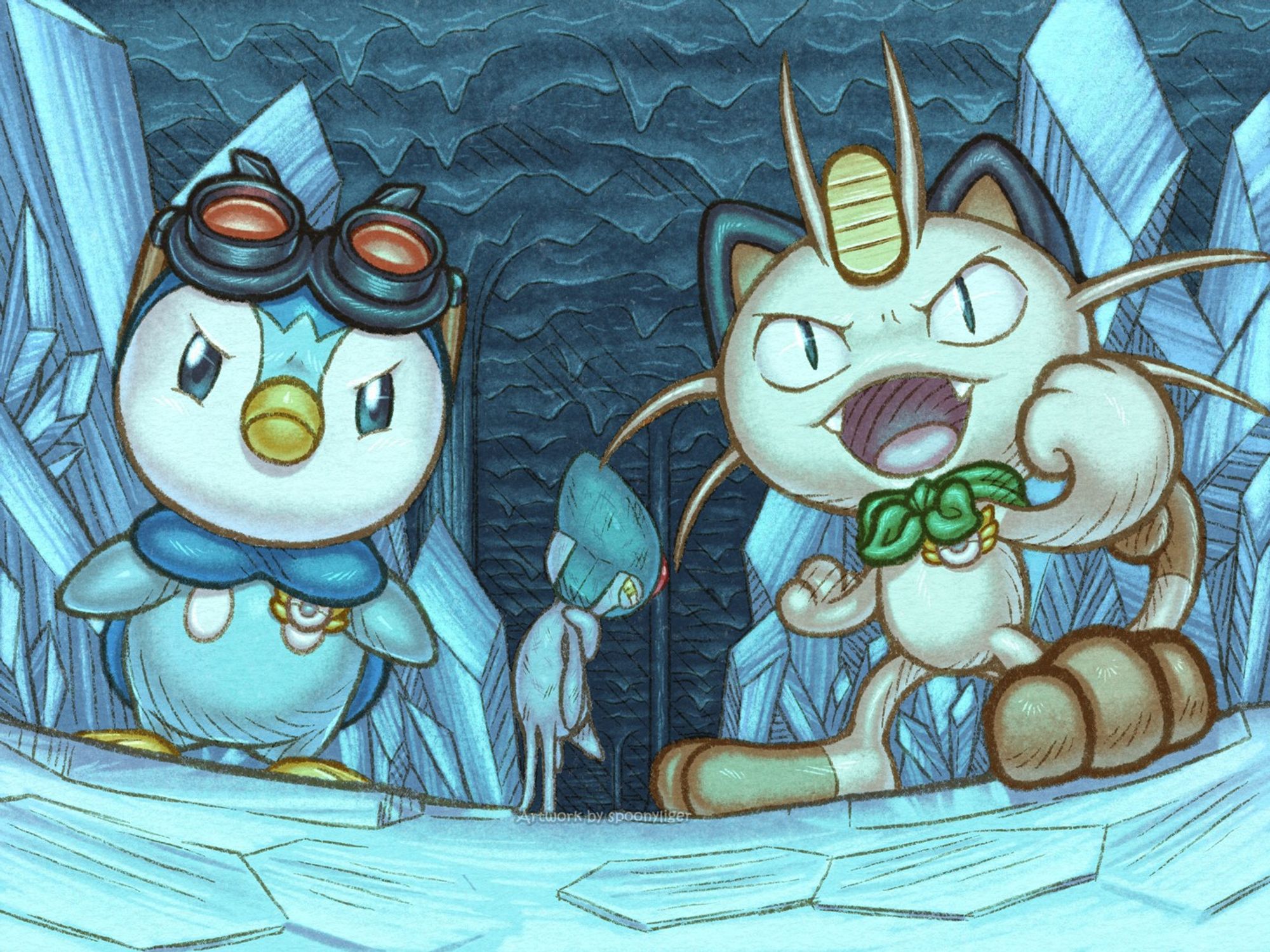 Digitally-handmade artwork of a Piplup and a Meowth surrounded by large crystals in a cave as they face the viewer with upset looks on their faces, and an injured Azelf floats behind them holding onto its shoulder.