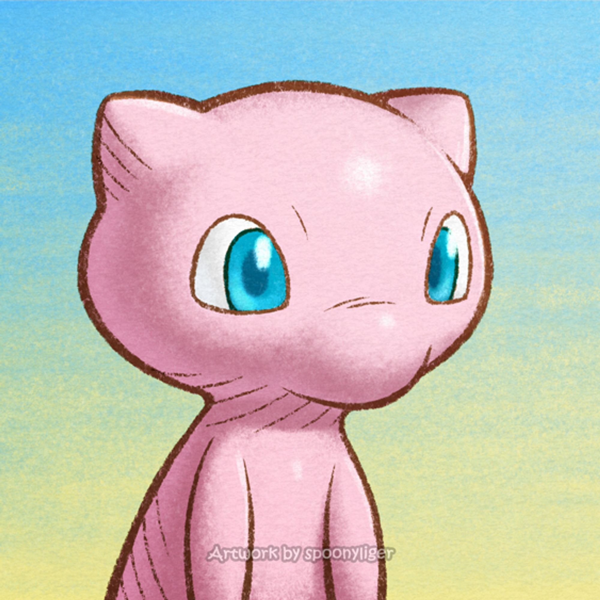 Digitally handmade mugshot artwork of a Mew Pokémon facing forward towards the right side of the image at a 3/4 angle with a neutral facial expression, on a blue-to-yellow gradient background.