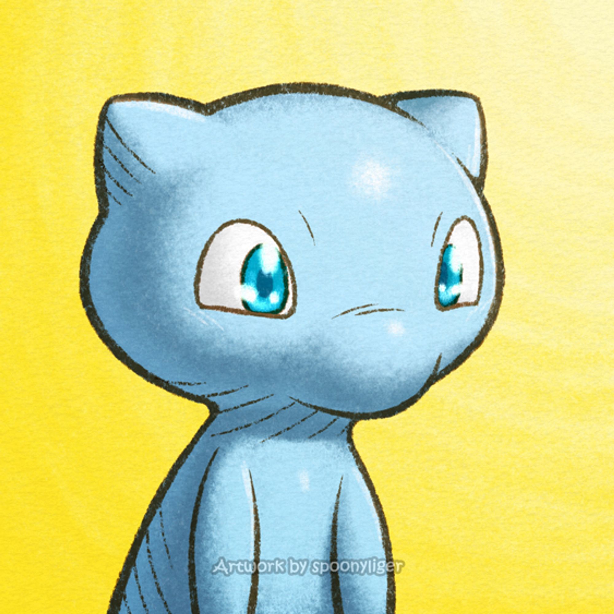 Digitally handmade mugshot artwork of a shiny Mew Pokémon facing forward towards the right side of the image at a 3/4 angle with an amazed facial expression, on a yellow gradient background.