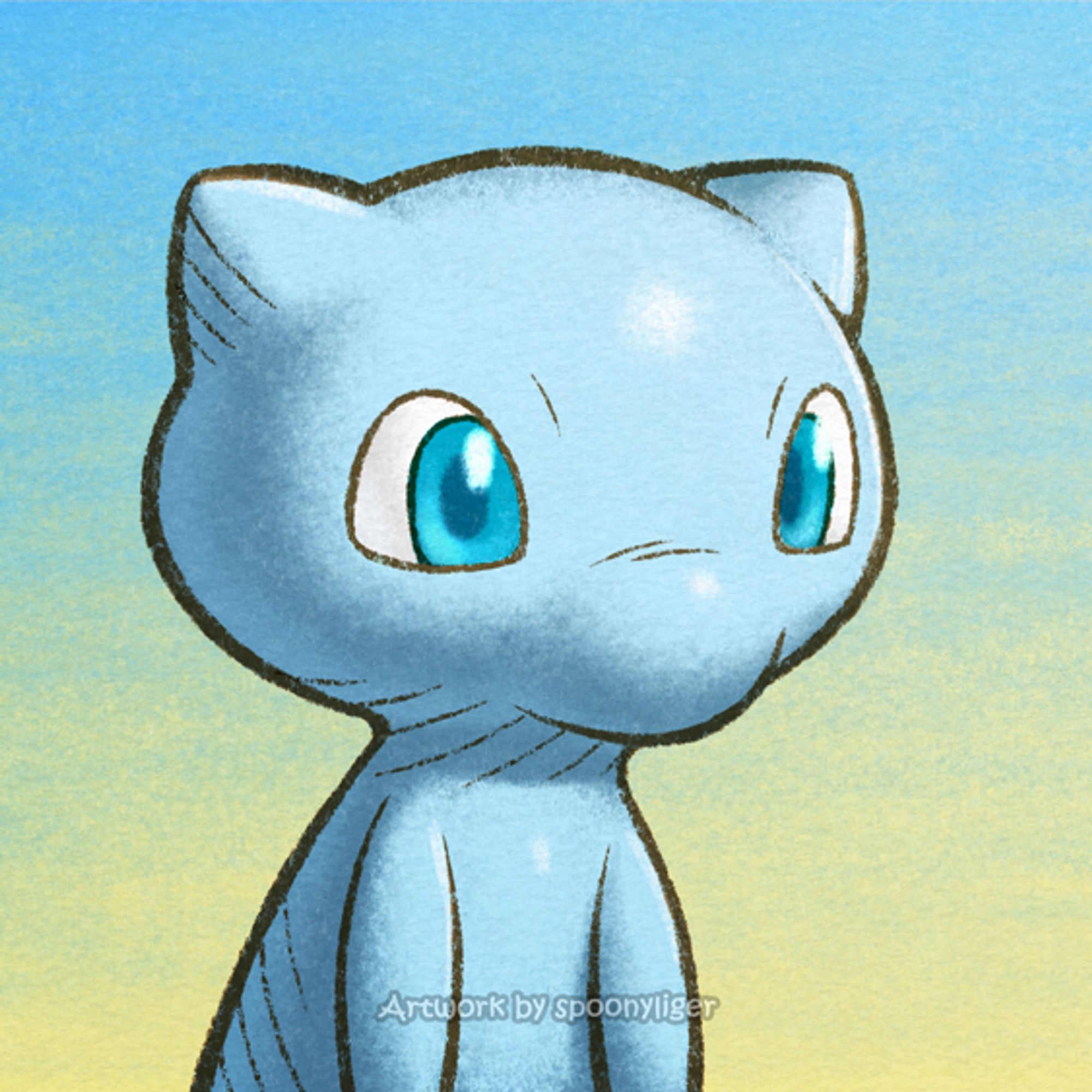 Digitally handmade mugshot artwork of a shiny Mew Pokémon facing forward towards the right side of the image at a 3/4 angle with a neutral facial expression, on a blue-to-yellow gradient background.