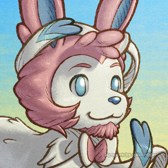 Digital bust artwork of a Pokémon original character based on Sylveon, facing forward towards the right side of the image at a 3/4 angle with a smiling expression on its face.