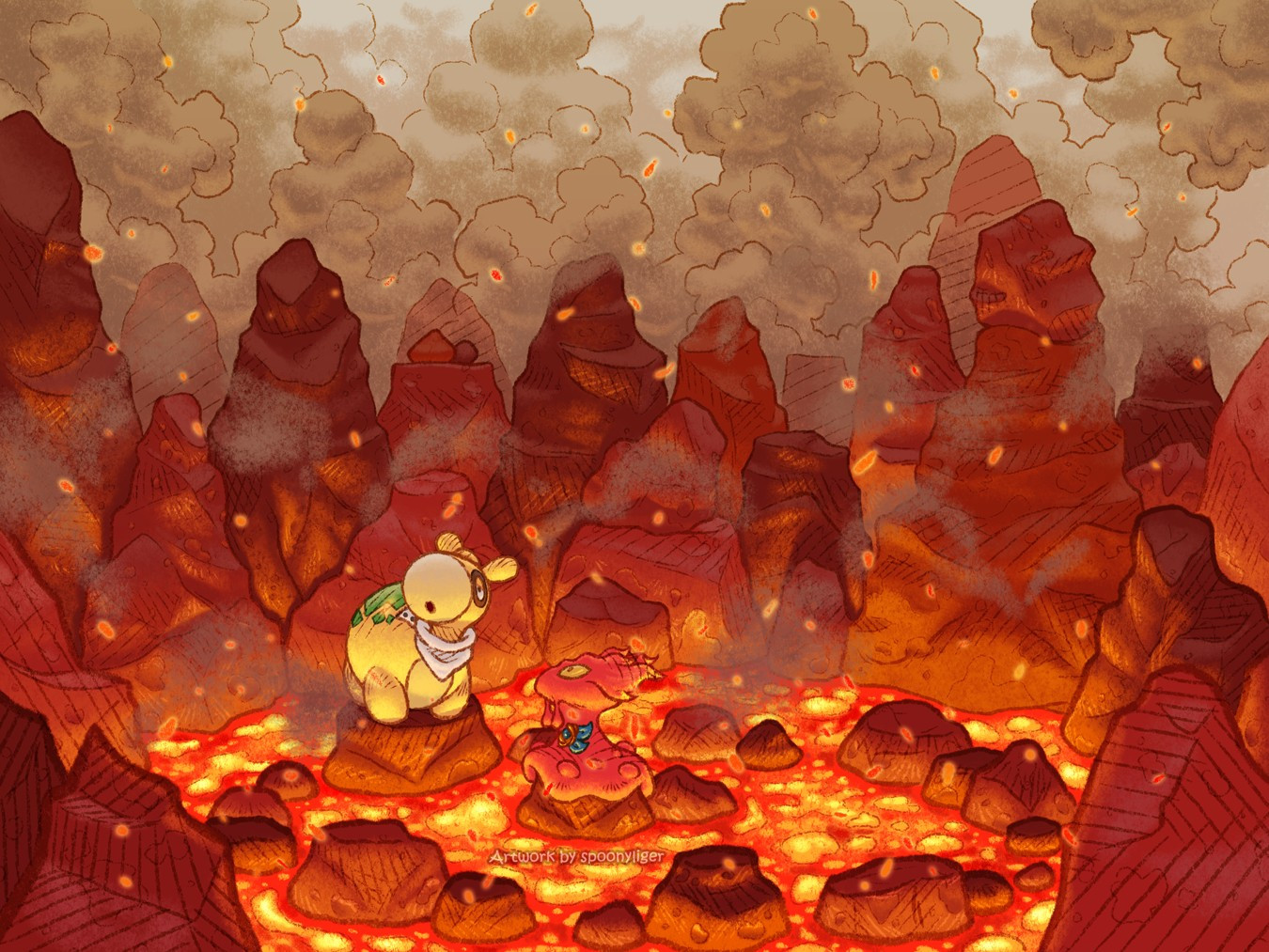 Digitally-handmade artwork featuring a Numel and a Slugma Pokémon standing on volcanic rocks in a pool of lava surrounded by spire-like, rock formations.