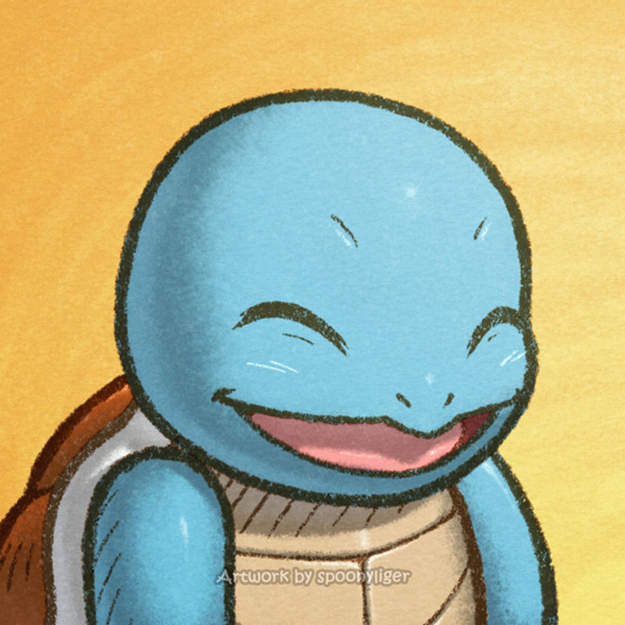 This is a digitally-handmade fanart profile picture of a Squirtle Pokémon facing forward towards the right side of the image at a 3/4 angle with a happy expression, on an orange gradient background.