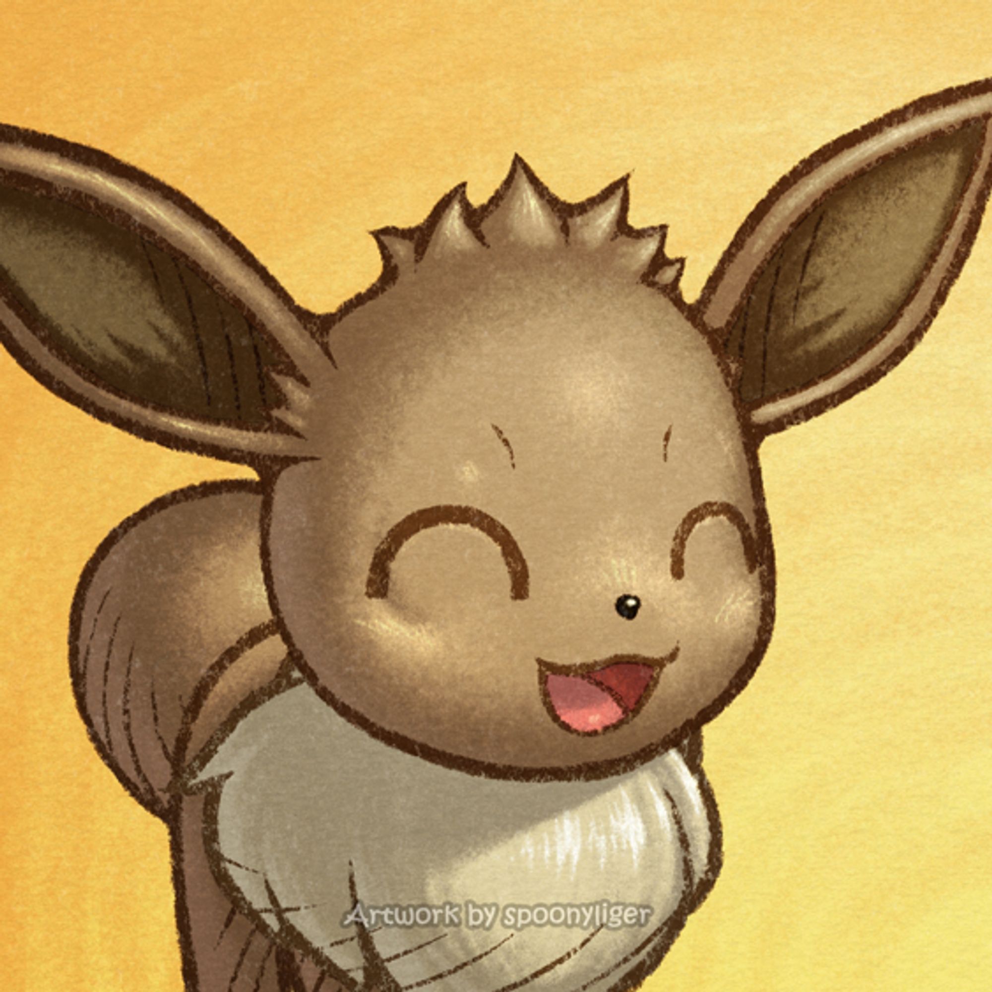 Digitally handmade mugshot artwork of a Eevee Pokémon facing forward towards the right side of the image at a 3/4 angle with a happy facial expression, on an orange gradient background.