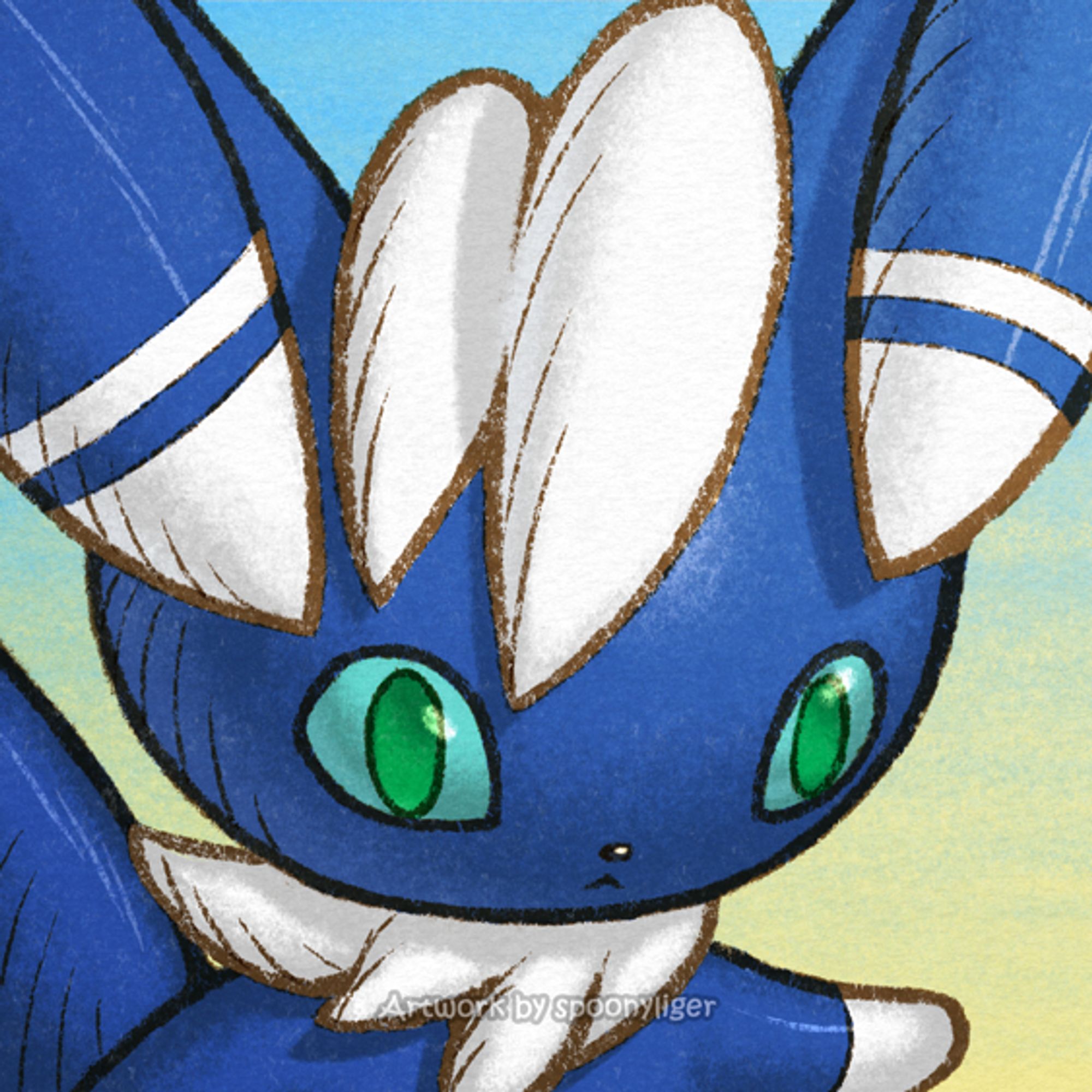 Digitally handmade profile artwork of a male Meowstic Pokémon facing forward towards the right side of the image at a 3/4 angle with a vacant facial expression, on a blue-to-yellow gradient background.