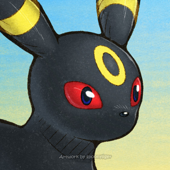 Digitally-handmade fanart portrait of an Umbreon Pokémon facing forward towards the right side of the image at a 3/4 angle with a stoic facial expression, on a blue-to-yellow gradient background.