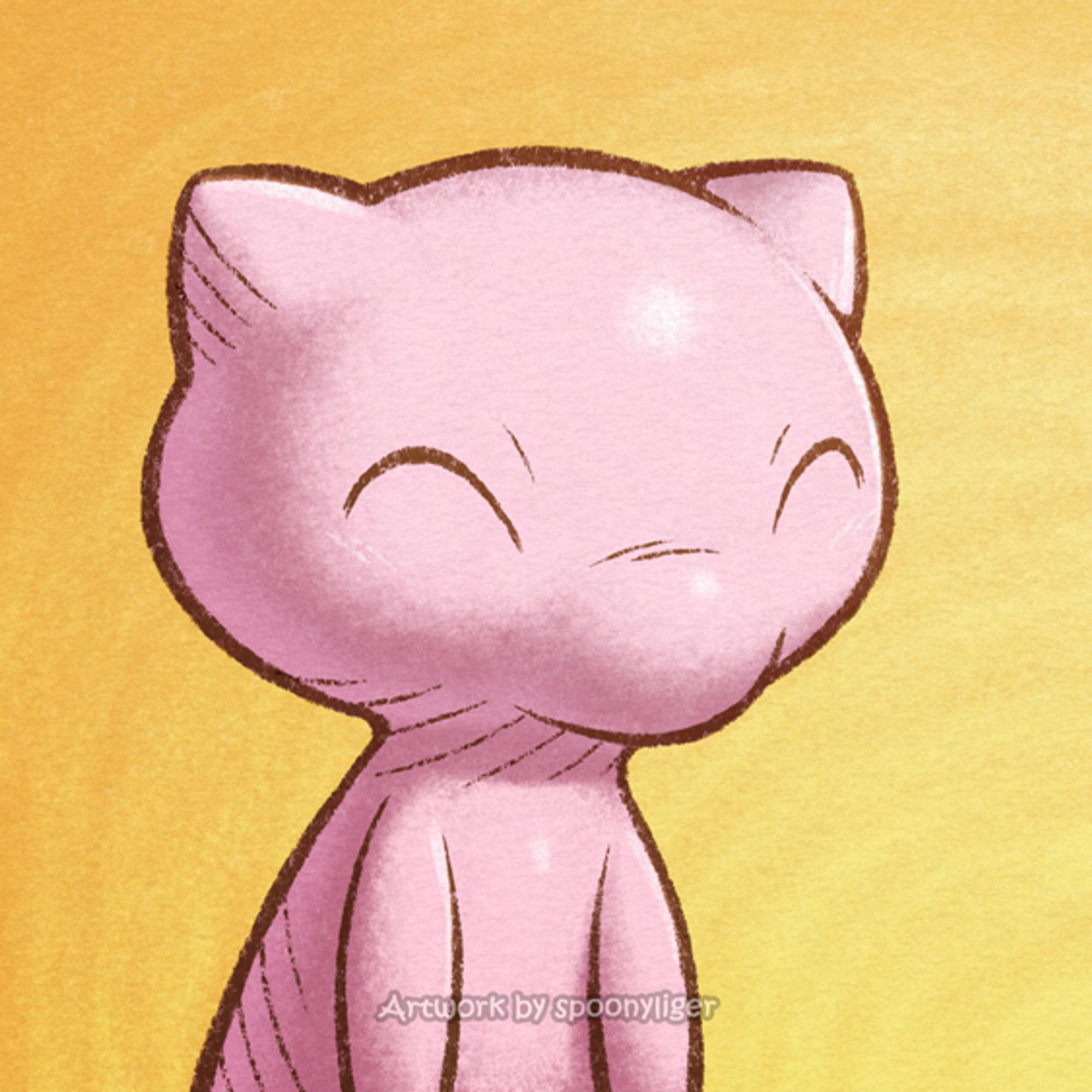 Digitally handmade mugshot artwork of a Mew Pokémon facing forward towards the right side of the image at a 3/4 angle with a happy facial expression, on an orange gradient background.