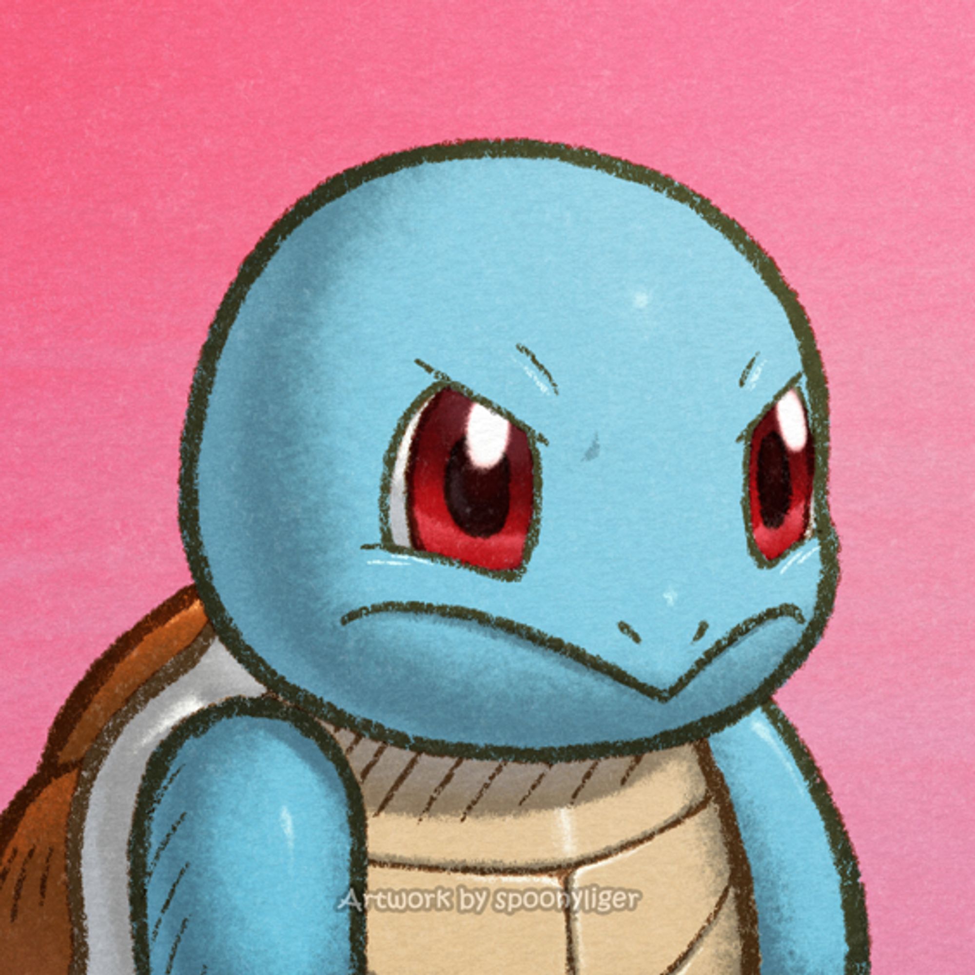 This is a digitally-handmade fanart profile picture of a Squirtle Pokémon facing forward towards the right side of the image at a 3/4 angle with a mad expression, on a magenta gradient background.