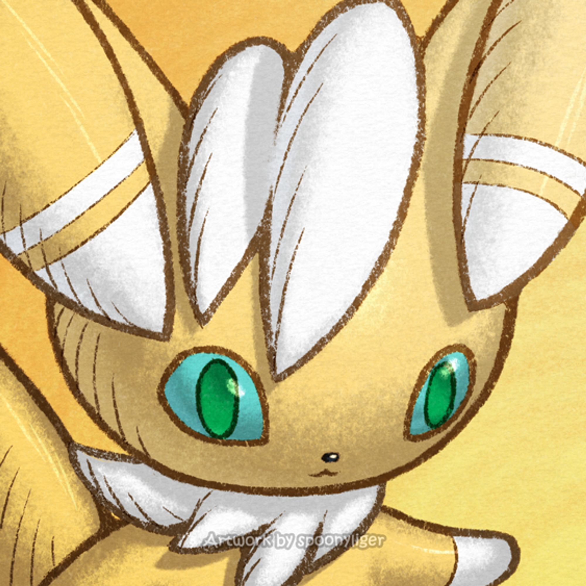 Digitally handmade profile artwork of a shiny male Meowstic Pokémon facing forward towards the right side of the image at a 3/4 angle with a vacant, smiling facial expression, on a blue-to-yellow gradient background.