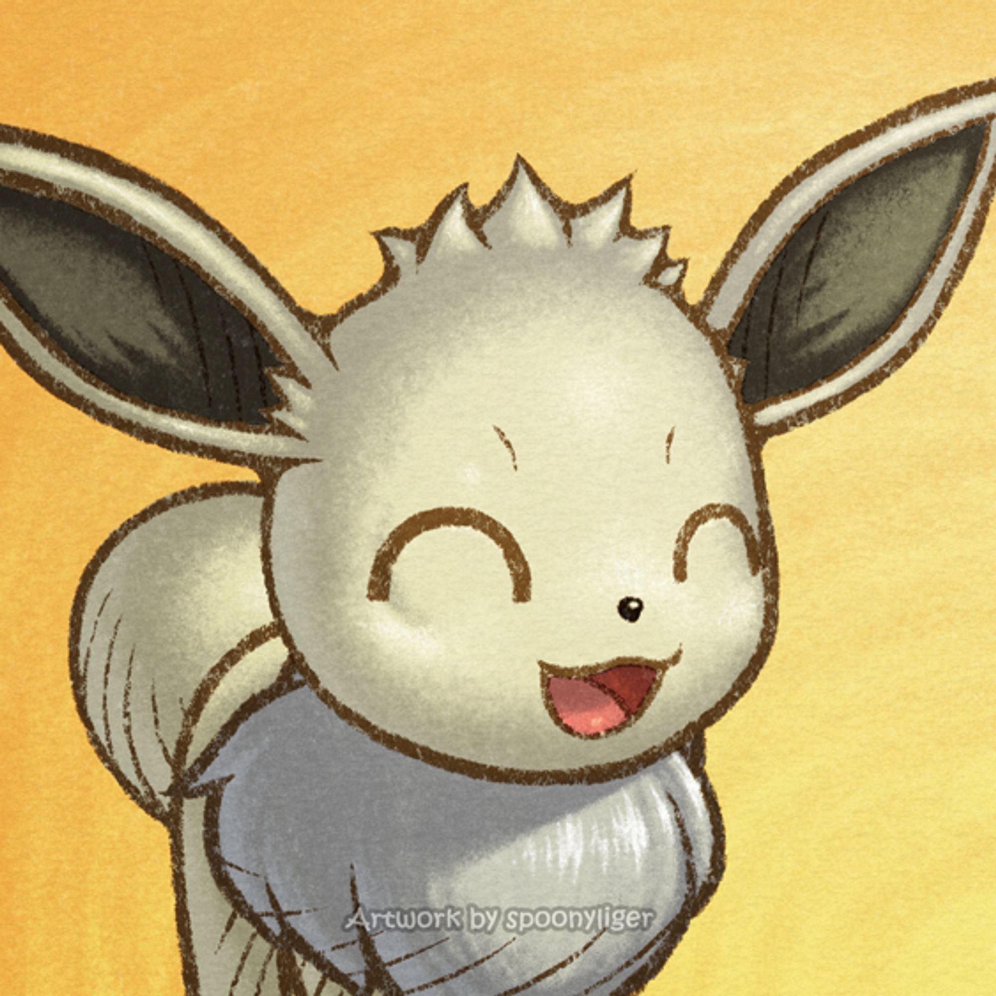 Digitally handmade mugshot artwork of a shiny Eevee Pokémon facing forward towards the right side of the image at a 3/4 angle with a happy facial expression, on an orange gradient background.