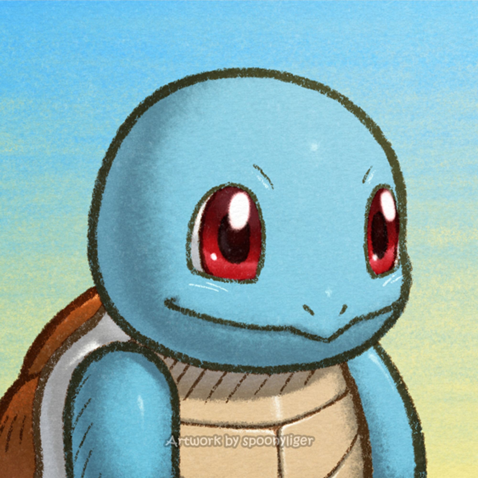 Digitally-handmade fanart profile picture of a Squirtle Pokémon facing forward towards the right side of the image at a 3/4 angle with a smiling expression, on a blue-to-yellow gradient background.