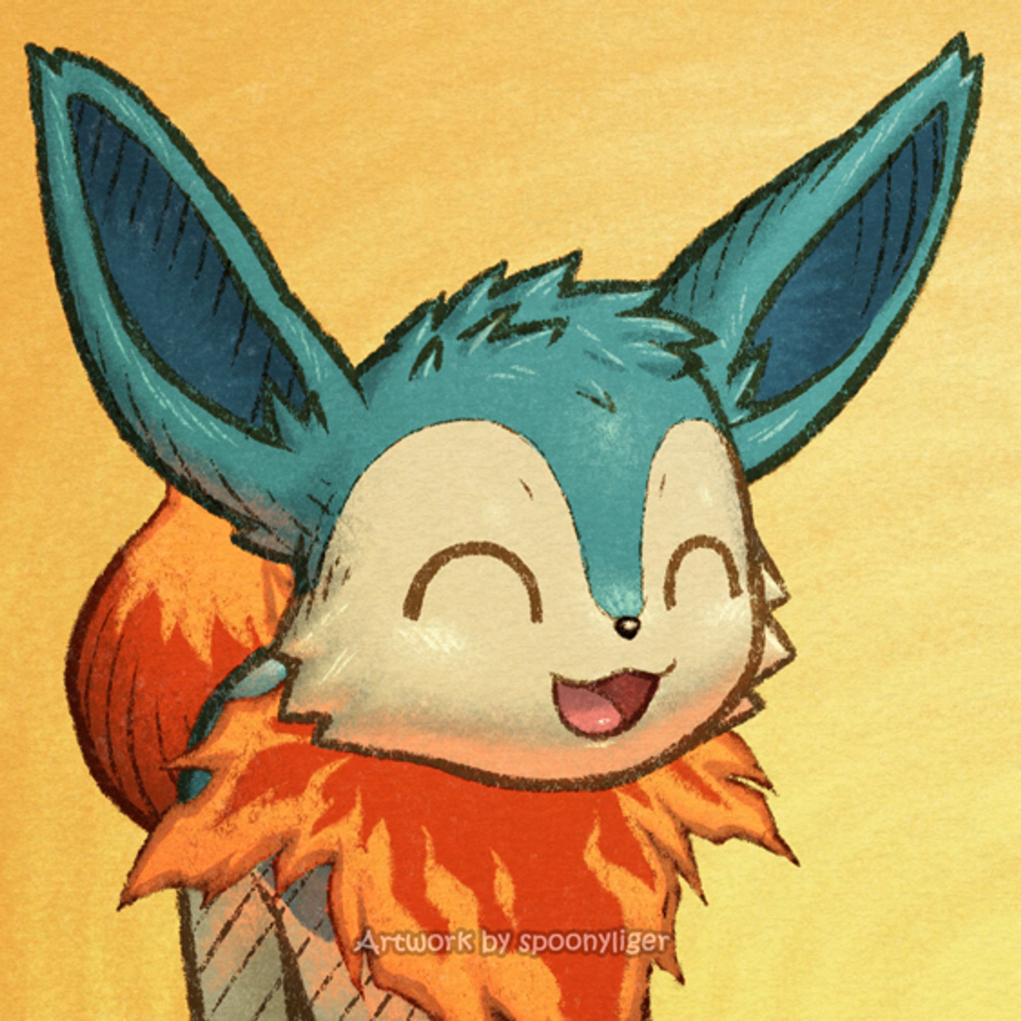 Digitally handmade mugshot artwork of an original character based on the Eevee and Cyndaquil Pokémon, facing forward towards the right side of the image at a 3/4 angle with a happy facial expression on an orange gradient background.