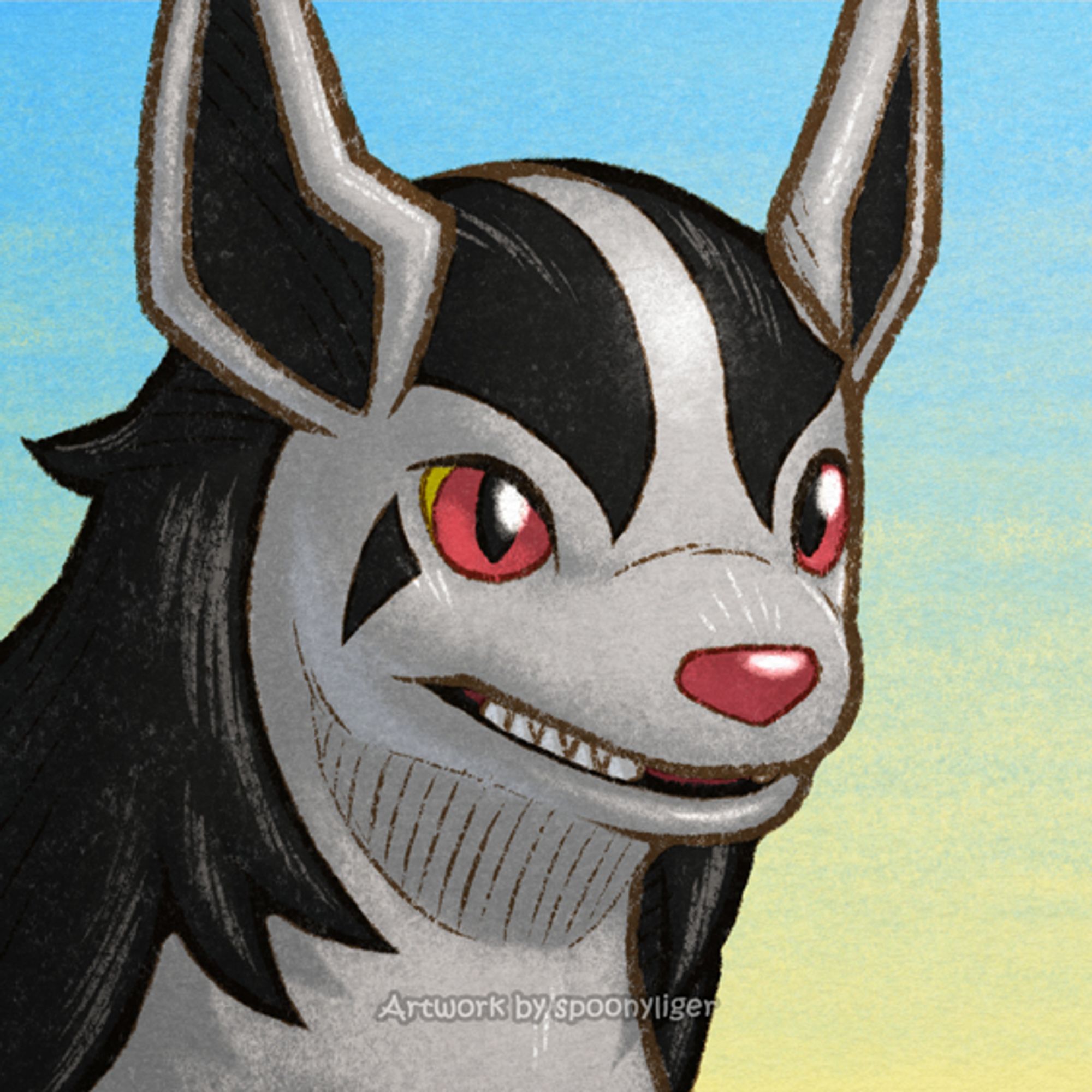 Digitally hand-drawn mugshot artwork of a Mightyena Pokémon facing forward towards the right side of the image at a 3/4 angle with a smiling facial expression, on a blue-to-yellow gradient background.