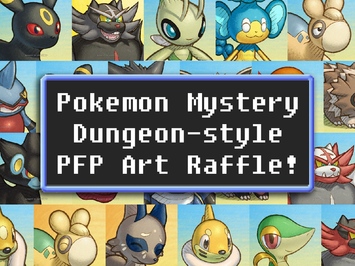 A collage of Pokémon Mystery Dungeon-inspired fanart profiles of various Pokémon characters. Superimposed on the collage is a blue-bordered dark box with white text within it that reads "Pokemon Mystery Dungeon-style PFP Art Raffle!".