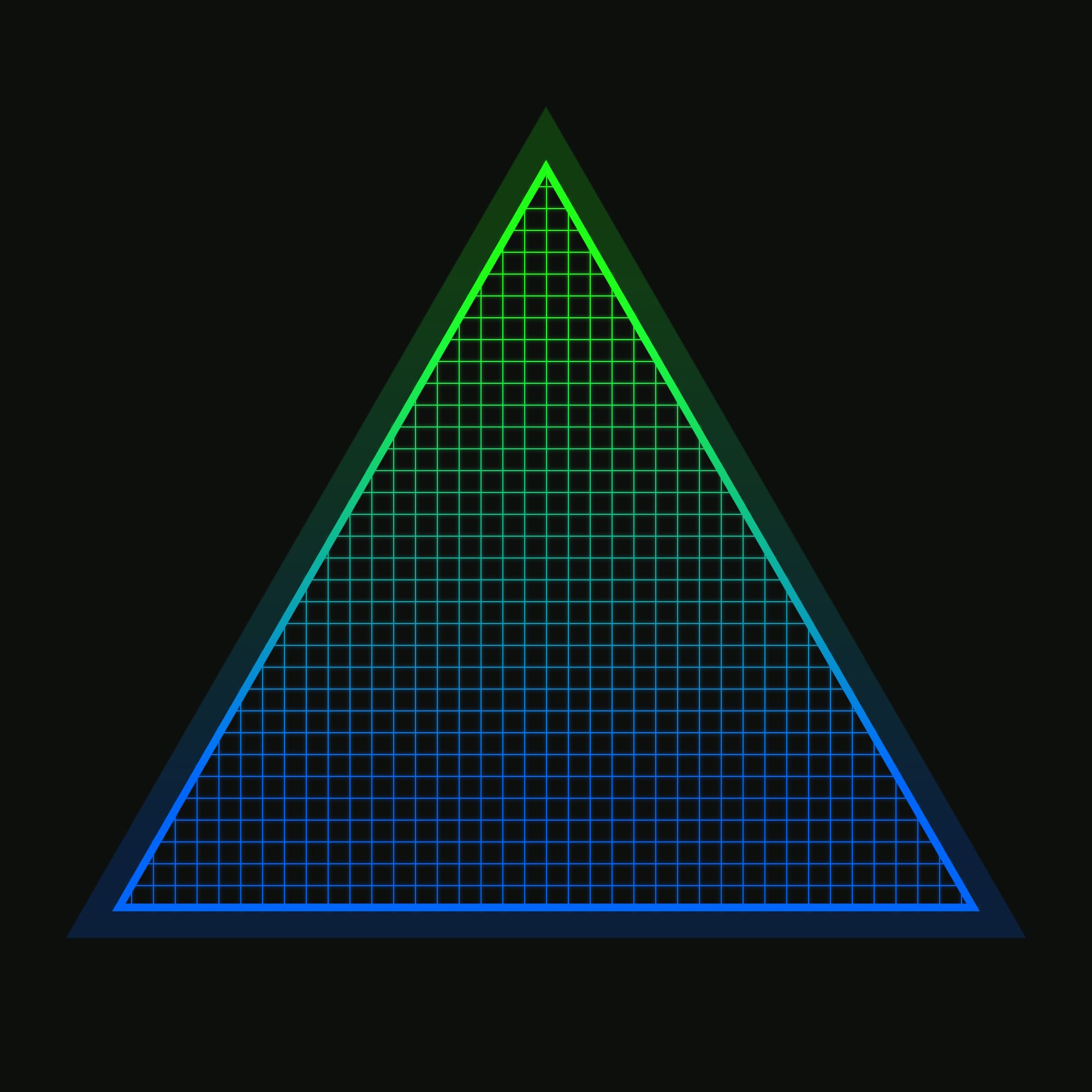 A retro inspired triangle, which contains a grid background, and has a strong border design. It is coloured green at the top, and becomes ever more blue towards the bottom