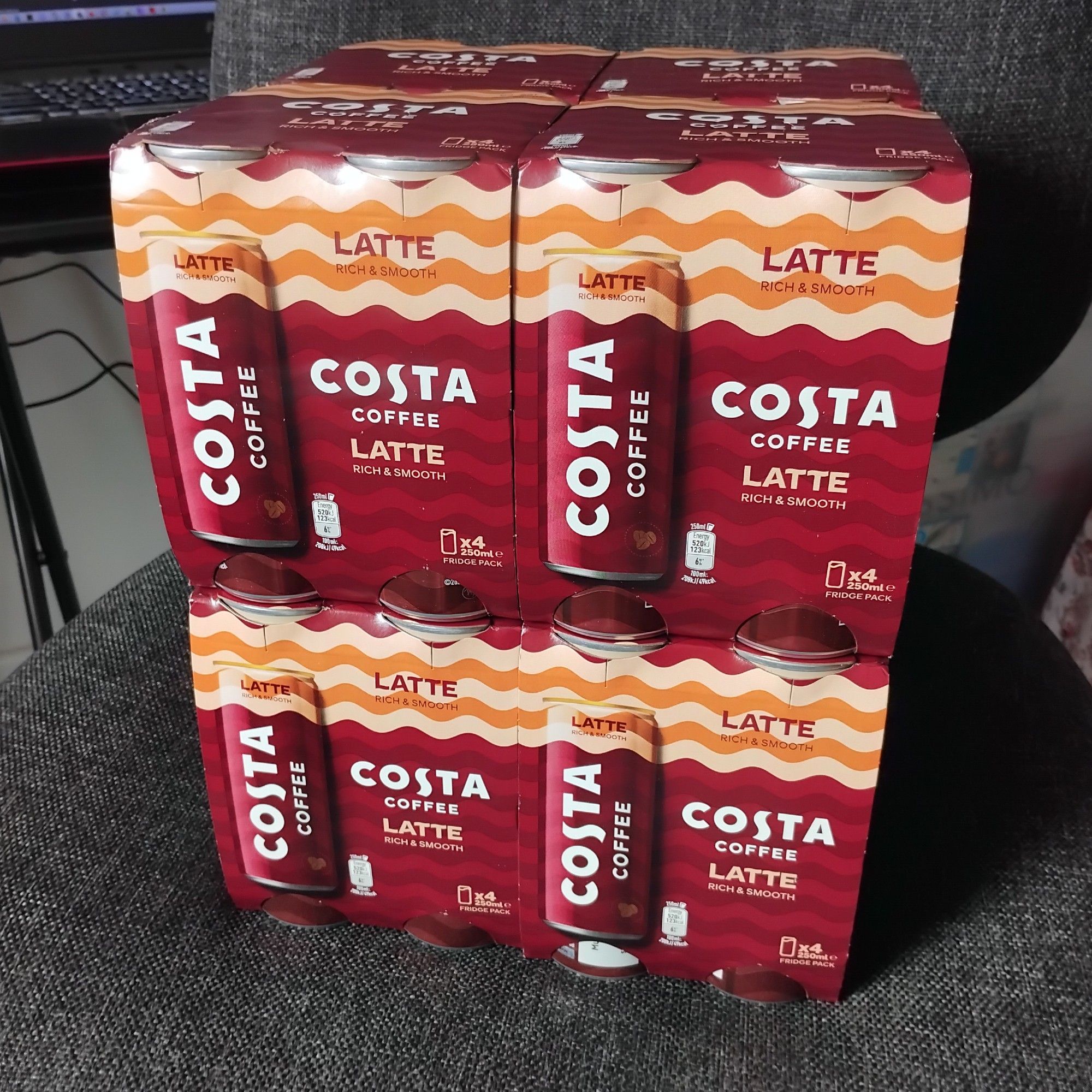 Eight packs of Costa Coffee latte cans (with more in the fridge!)