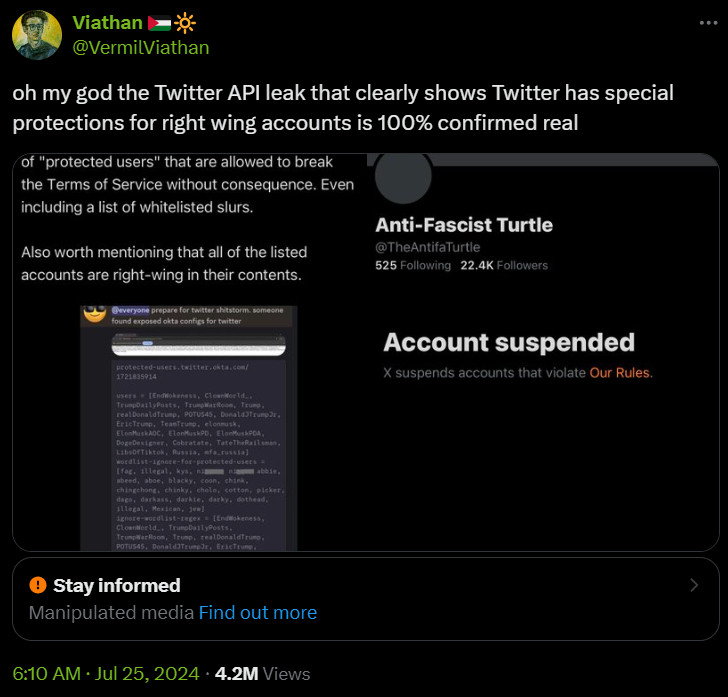 @VermilViathan on twitter: oh my god the Twitter API leak that clearly shows Twitter has special protections for right wing accounts is 100% confirmed real

[first image: a tweet made by @theantifaturtle. quote "new twitter api leak reveals that there's a group of "protected users" that are allowed to break the terms of service without consequence. even including a list of whitelisted slurs. also worth mentioning that all of the listed accounts are right-wing in their contents." and quote, the screenshotted post contains an image of the leaked api that the post mentioned.

second image: a screenshot of @theantifaturtle's suspended account with a note "x suspends accounts that violate our rules"]

link: https://x.com/VermilViathan/status/1816234599137116240