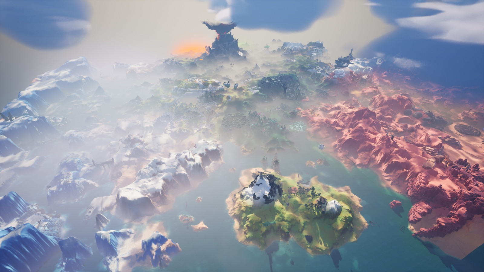 A view of an open world landscape from high above, with different biomes - desert, grassland, arctic - blue skies, misty hillsides and an ominous volcano. 

From the Project Titan open world we built for an art jam. 