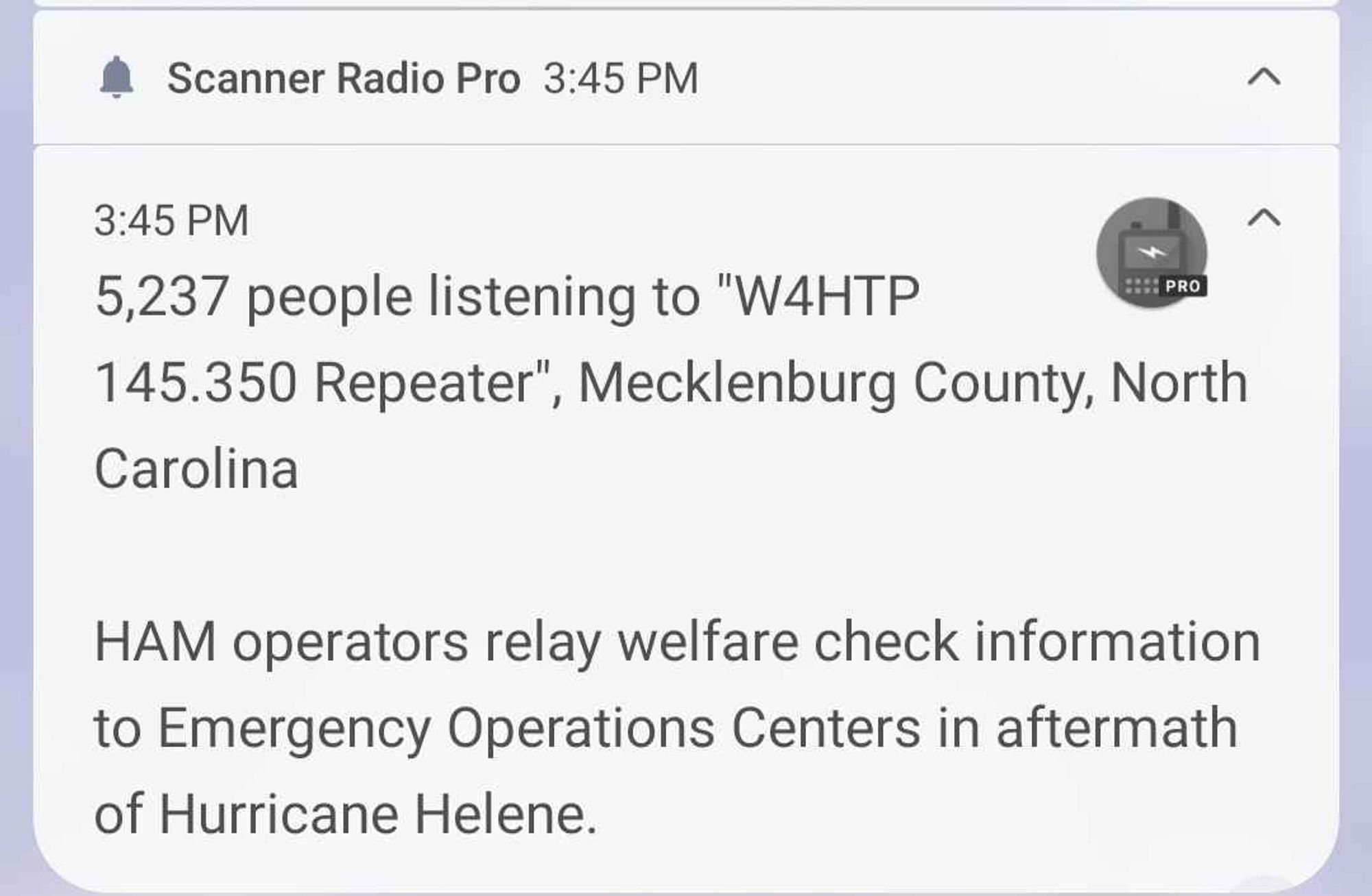 Headline reading "HAM operators relay welfare check information to Emergency Operations Centers in aftermath of Hurricane Helene."