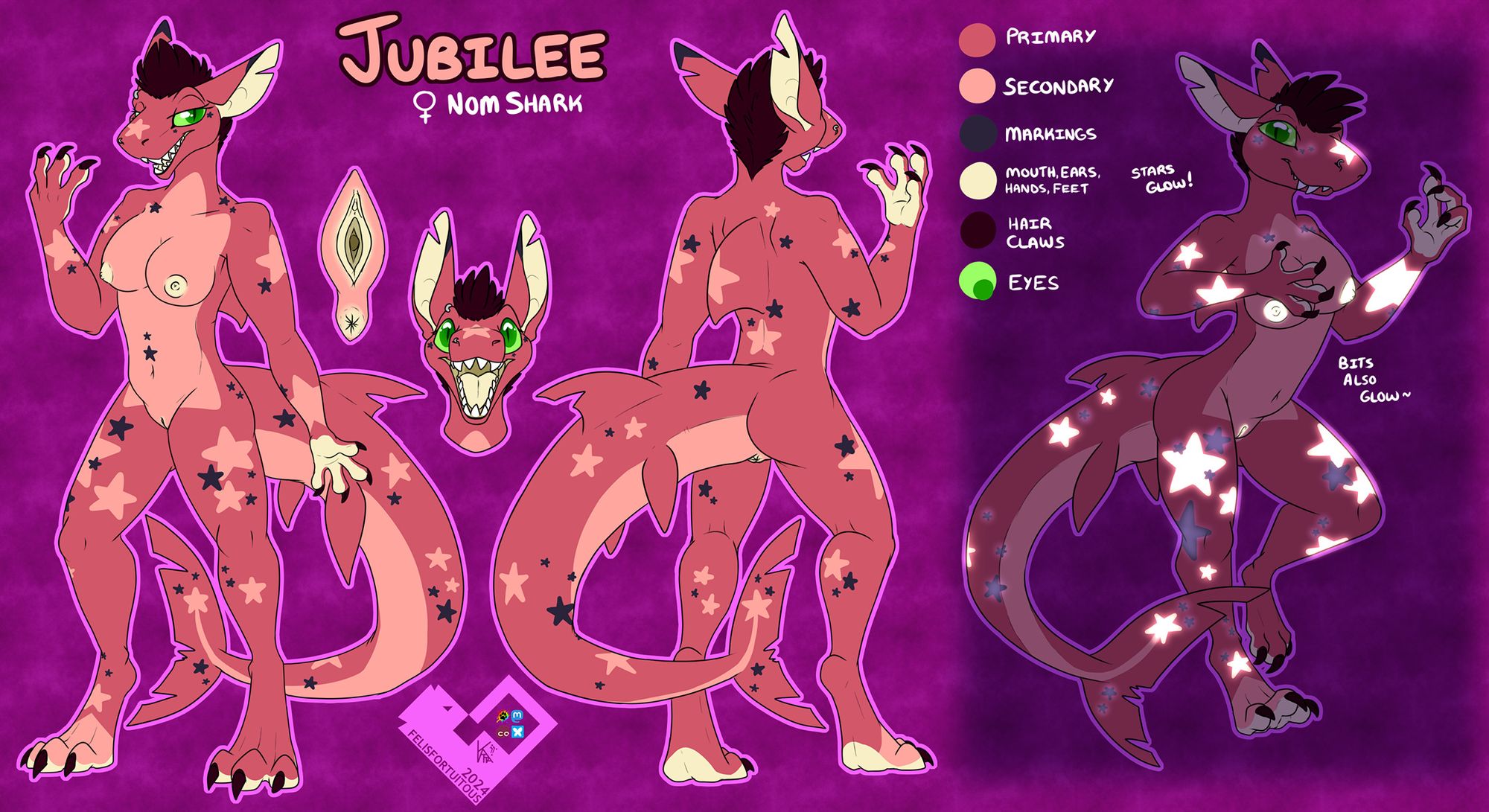 digital art reference of a Nom Shark character. showing front, back, and glowing poses. They are two colors of pink, with pale pink and dark indigo star markings, and also pale yellow nipples and vagina that are all shown to glow. Her name is Jubilee.