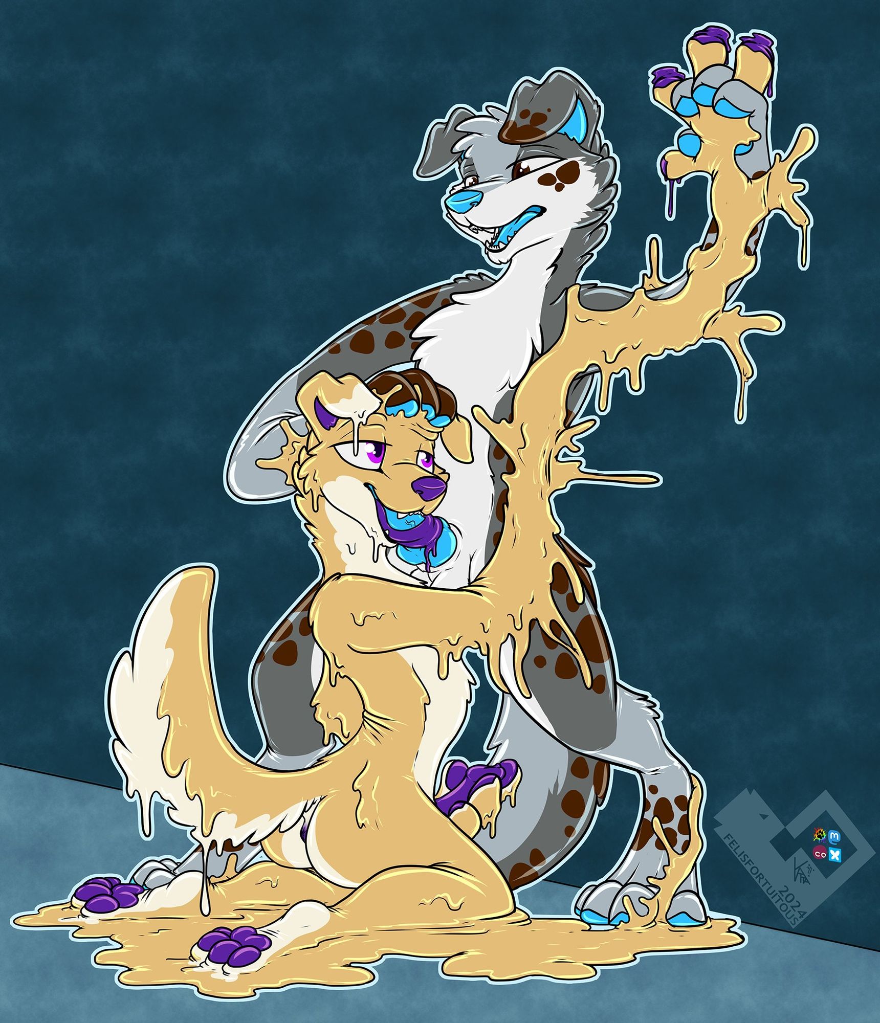 Digital art of 2 dog characters. The Australian shepherd is semi pinned up against a wall by a very gooey Labrador, who is giving them a blow job. The lab's gooey right arm is snaking up the Aussie's side and left arm, pinning it to the wall while appearing to still 'hold' the Aussie's paw. Lab is on their knees in a puddle of their own goo and also jacking off.